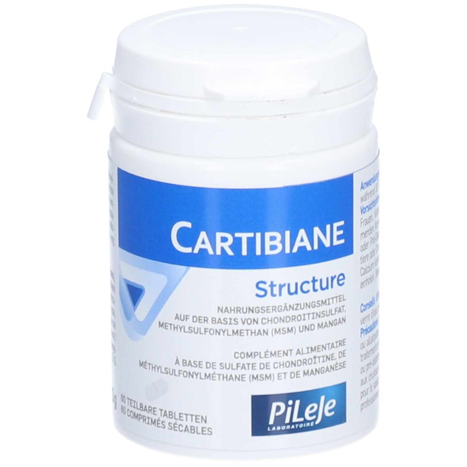 Weiße Dose mit blauem Etikett. Aufschrift: CARTIBIANE Structure. Nahrungsergänzungsmittel. 60 Tabletten.