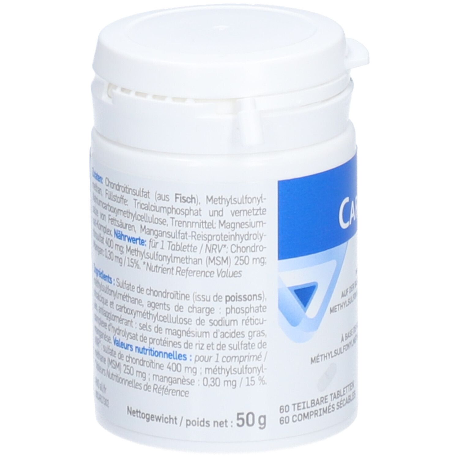 Weiße Dose mit blauem Etikett. Rückseite mit Inhaltsstoffen und Nährwertangaben. 60 Tabletten.