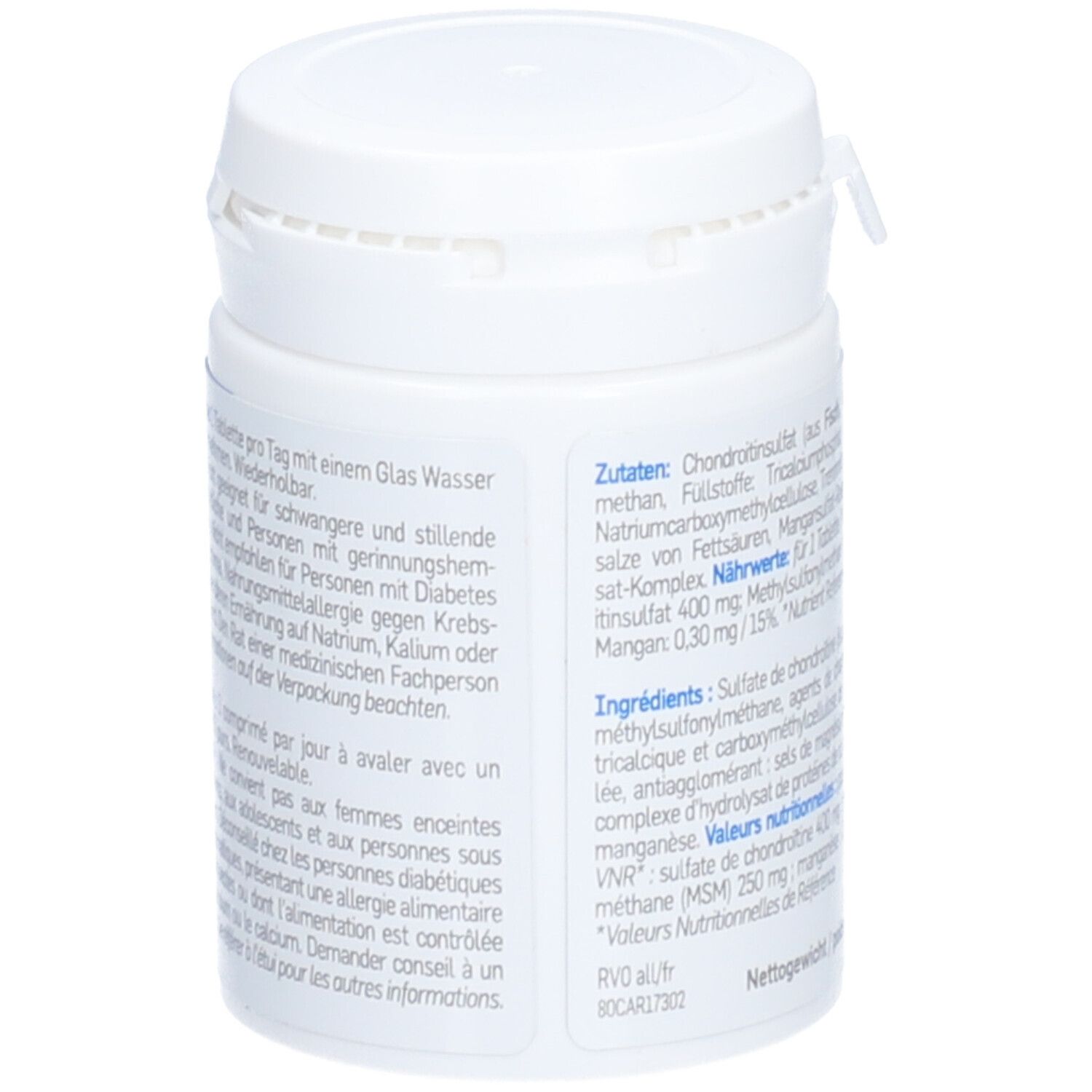 Weiße Dose mit blauem Etikett. Text über Anwendungshinweise und Vorsichtsmassnahmen. 60 Tabletten.