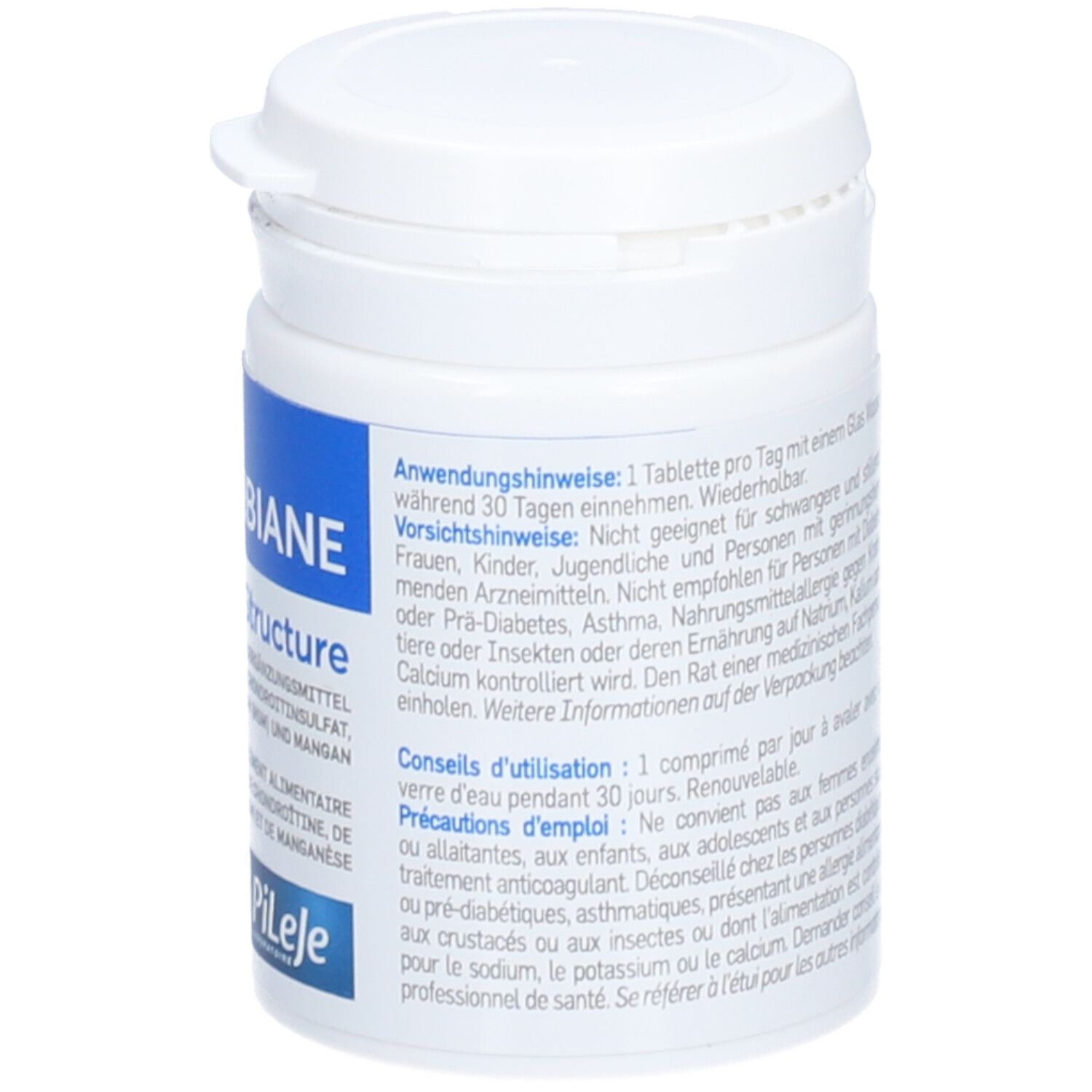 Weiße Dose mit blauem Etikett. Aufschrift: CARTIBIANE Structure. Nahrungsergänzungsmittel. 60 Tabletten.