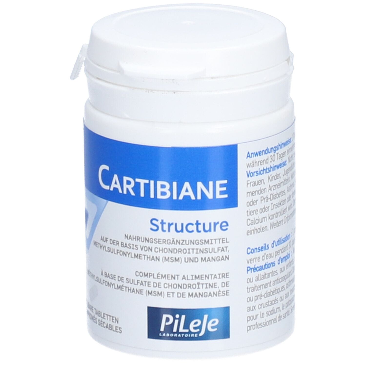Weiße Dose mit blauem Etikett. Aufschrift: CARTIBIANE Structure. Nahrungsergänzungsmittel. 60 Tabletten.