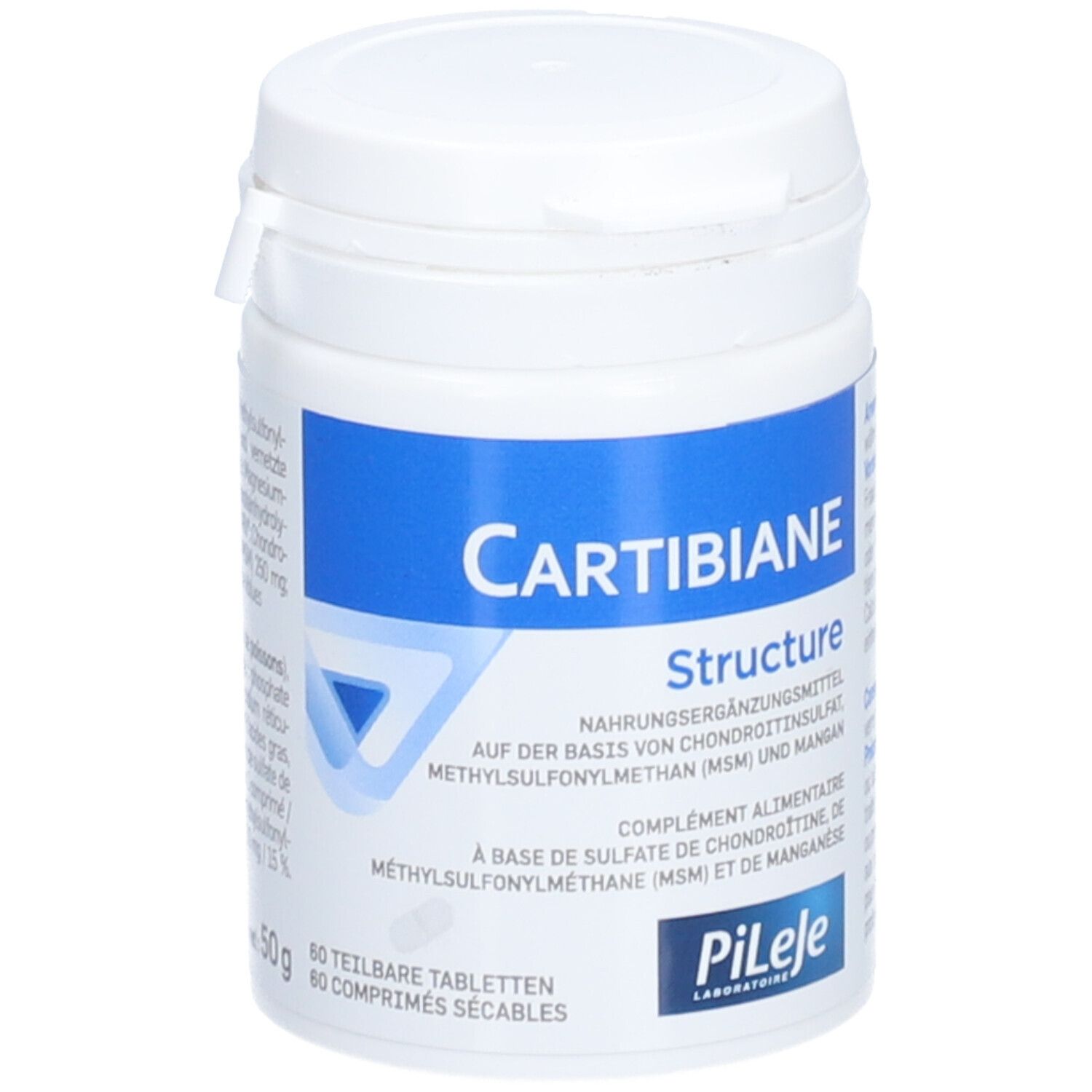 Weiße Dose mit blauem Etikett. Aufschrift: CARTIBIANE Structure. Nahrungsergänzungsmittel. 60 Tabletten.
