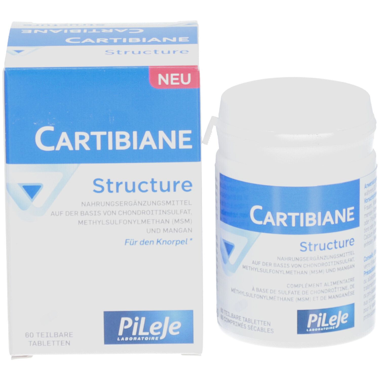 Produktverpackung: Dose und Schachtel. Aufschrift: CARTIBIANE Structure. Nahrungsergänzungsmittel. 60 Tabletten.