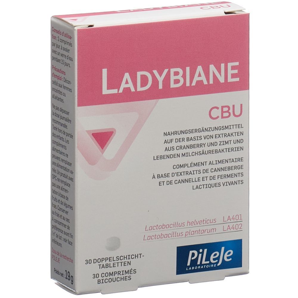 Verpackung mit "LADYBIANE CBU". Enthält 30 Tabletten. Text in Deutsch und Französisch. Marke: PiLeJe.