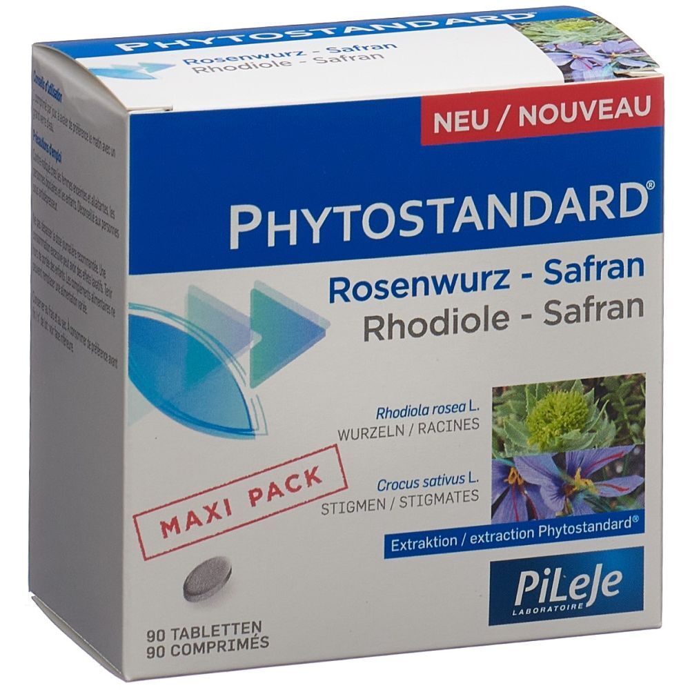 Verpackung von PHYTOSTANDARD® Rosenwurz - Safran. Blaue und weiße Schachtel mit Produktnamen und Inhaltsstoffen.