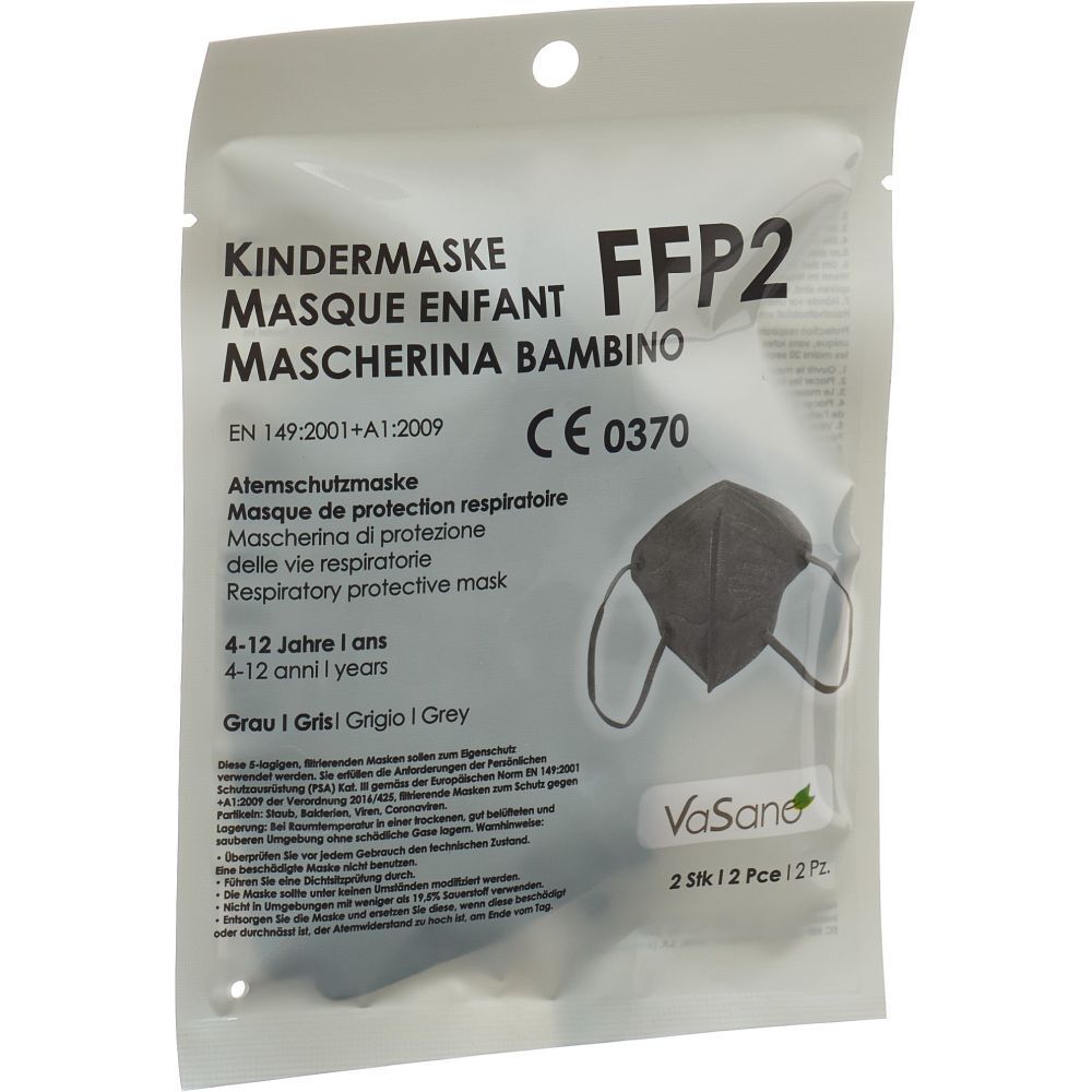 Masque FFP2 enfant gris dans un emballage. Inscriptions: Kindermaske, FFP2, CE 0370, 4-12 ans. Marque: VaSano. 2 pièces.