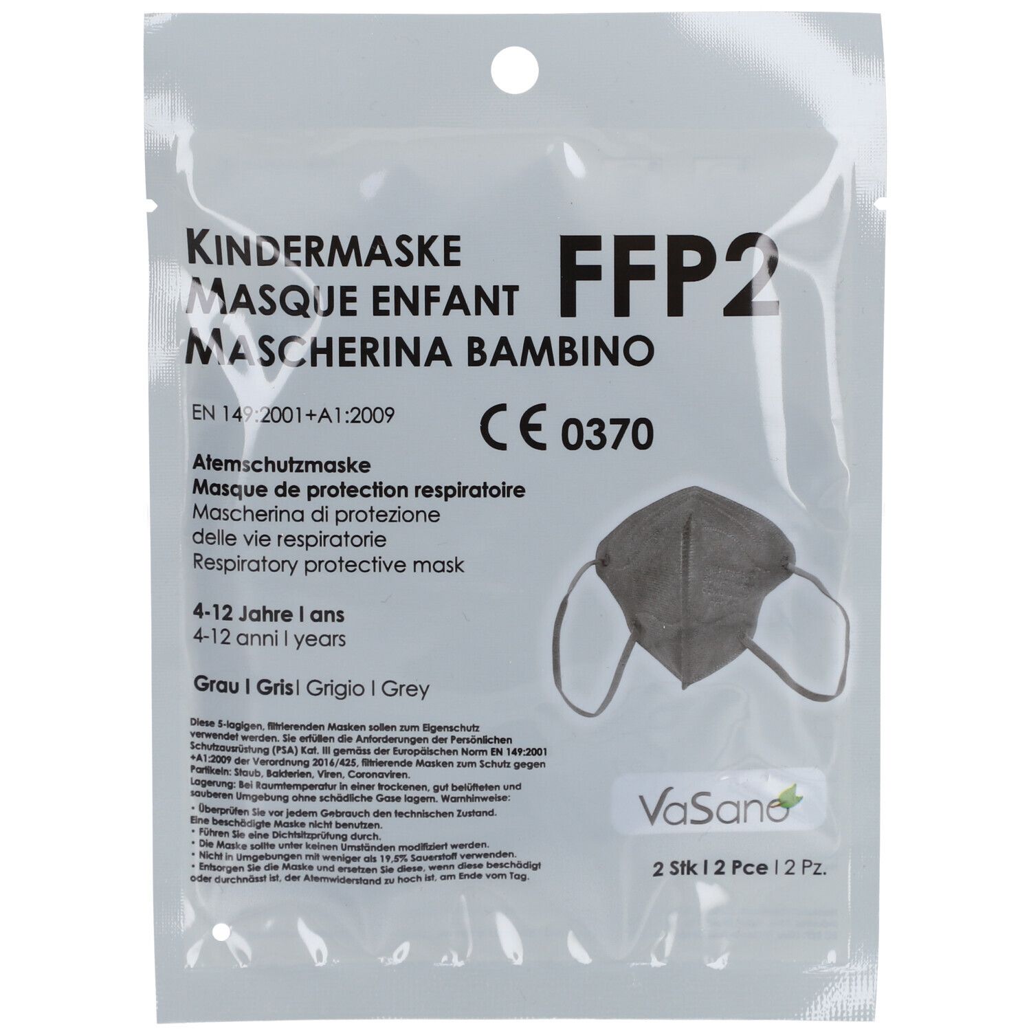 Masque FFP2 enfant gris dans un emballage. Inscriptions: Kindermaske, FFP2, CE 0370, 4-12 ans. Marque: VaSano. 2 pièces.