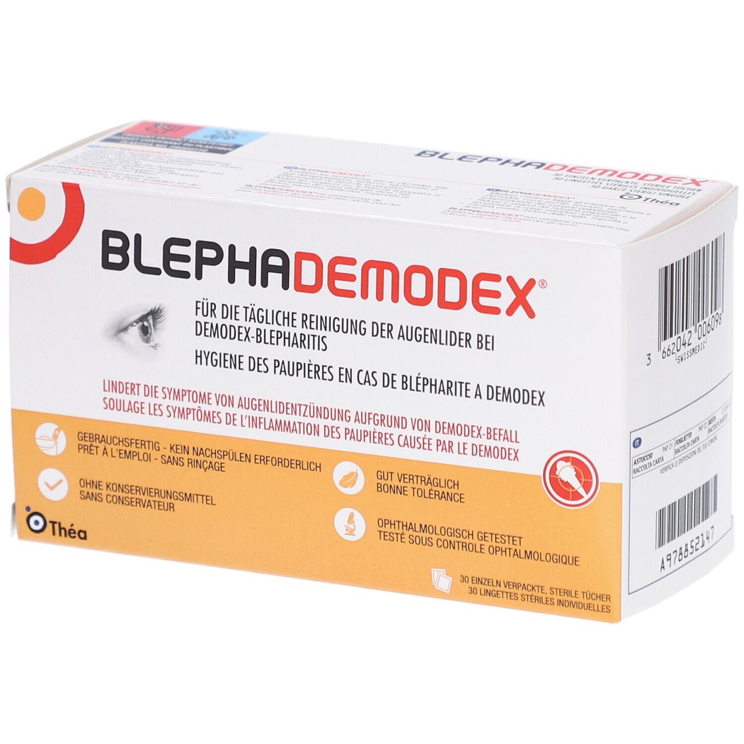 Boîte BLEPHADEMODEX avec texte et logo. Contient 30 lingettes stériles. Marque: Théa.