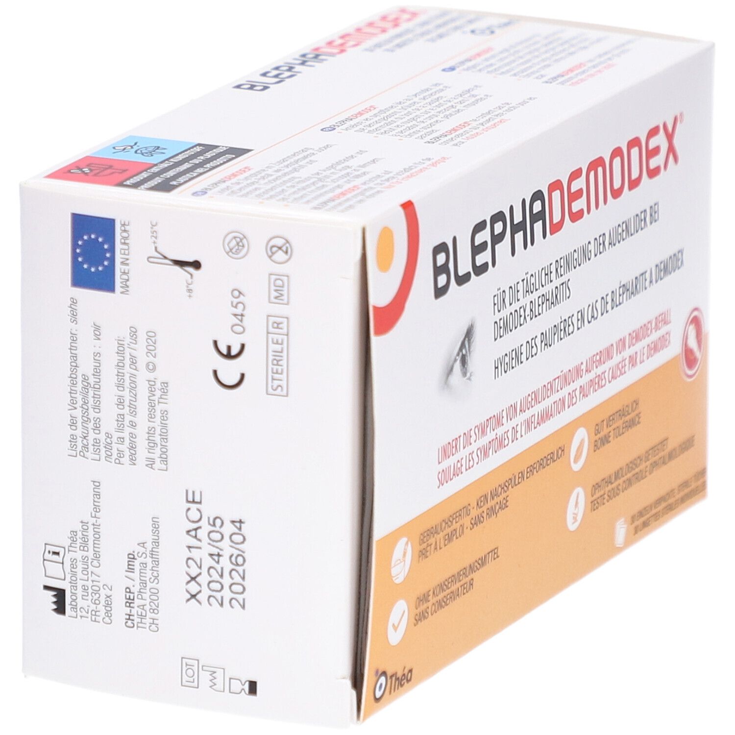 Boîte BLEPHADEMODEX, vue latérale. Texte, logos et numéro de lot. Marque: Théa.