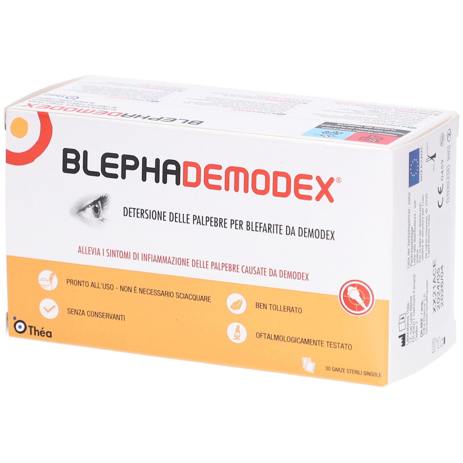 Boîte BLEPHADEMODEX avec texte et logo. Contient 30 lingettes stériles. Marque: Théa.