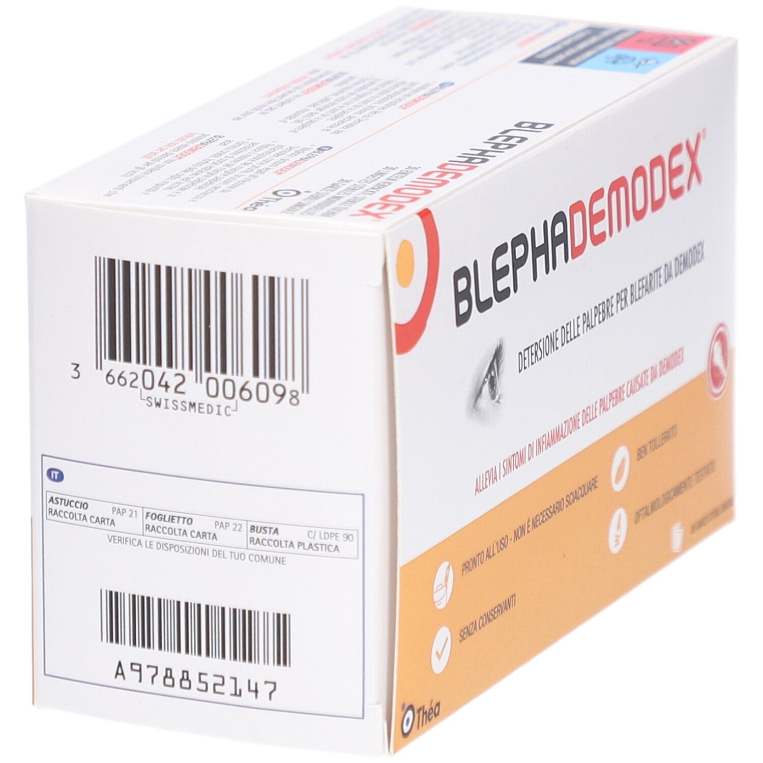 Boîte BLEPHADEMODEX, code-barres et texte. Marque: Théa.