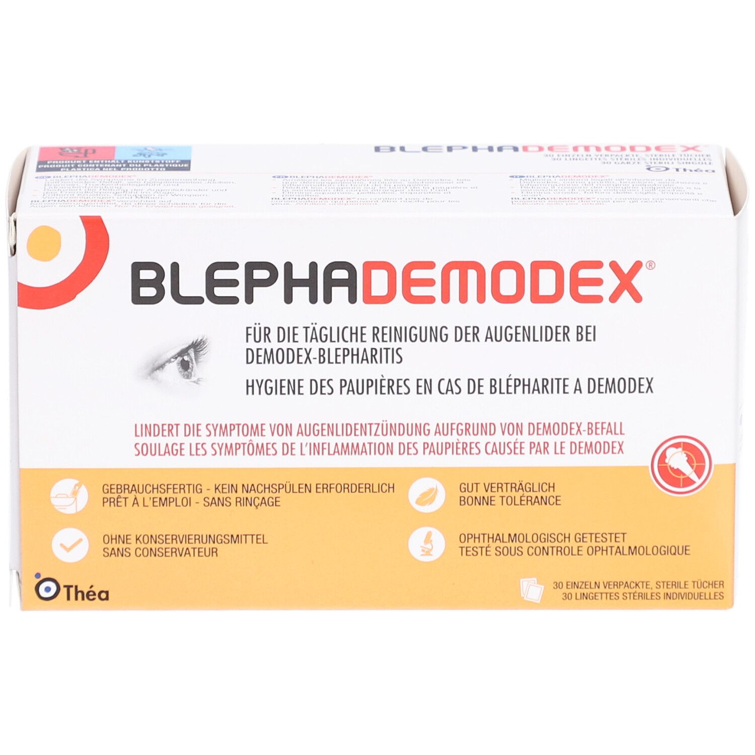 Boîte BLEPHADEMODEX avec texte et logo. Contient 30 lingettes stériles. Marque: Théa.