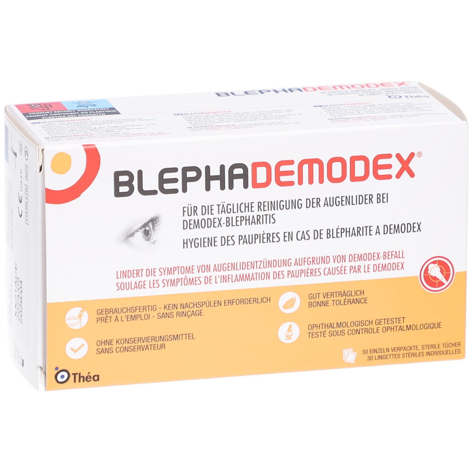 Boîte BLEPHADEMODEX avec texte et logo. Contient 30 lingettes stériles. Marque: Théa.
