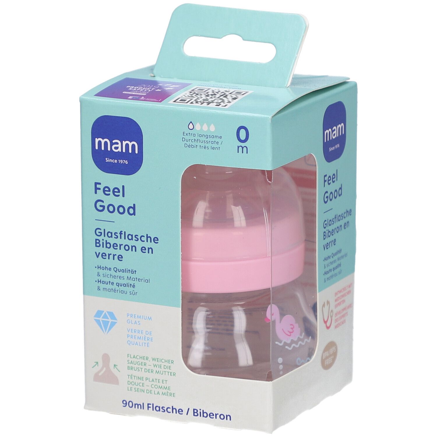 Mam Flasche Feel Good Glas 90 ml 0+ Monate Sehr langsamer Nahrungsfluss