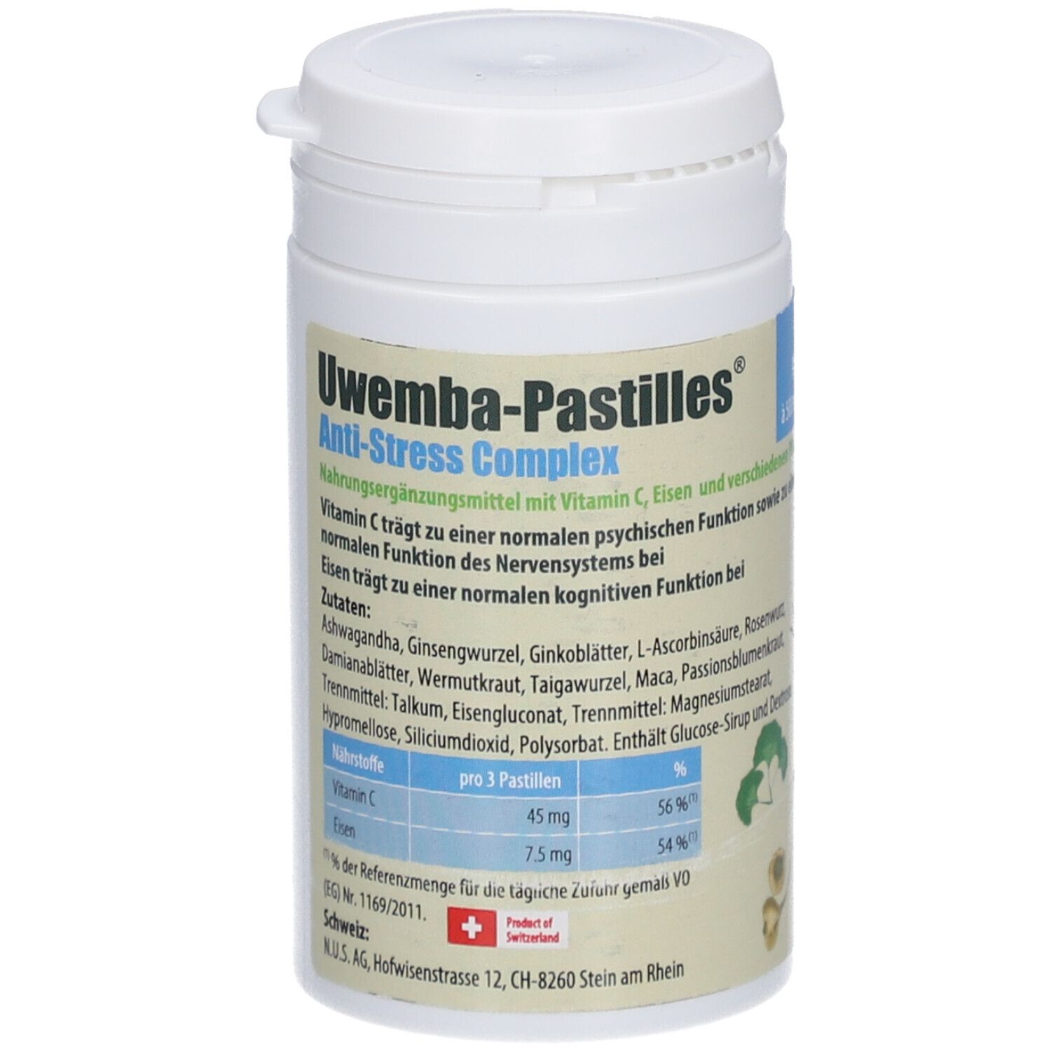 Weiße Dose mit Produktinformationen. Aufschrift: UWEMBA-PASTILLES® Anti-Stress Complex. Enthält Vitamin C und Eisen.