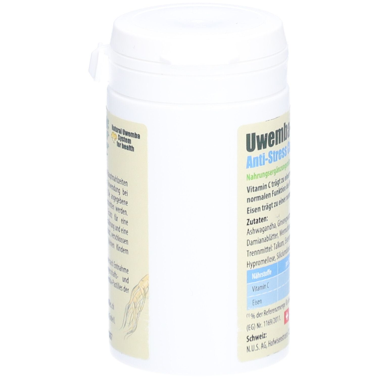 Weiße Dose, Seitenansicht. Aufschrift: UWEMBA-PASTILLES® Anti-Stress Complex. Mit Vitamin C und Eisen.