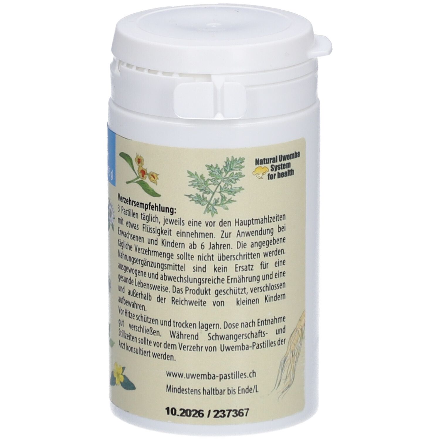 Weiße Dose, Rückseite. Text: Verzehrempfehlung. Enthält UWEMBA-PASTILLES®. Mindesthaltbarkeit. Pflanzliche Abbildungen.
