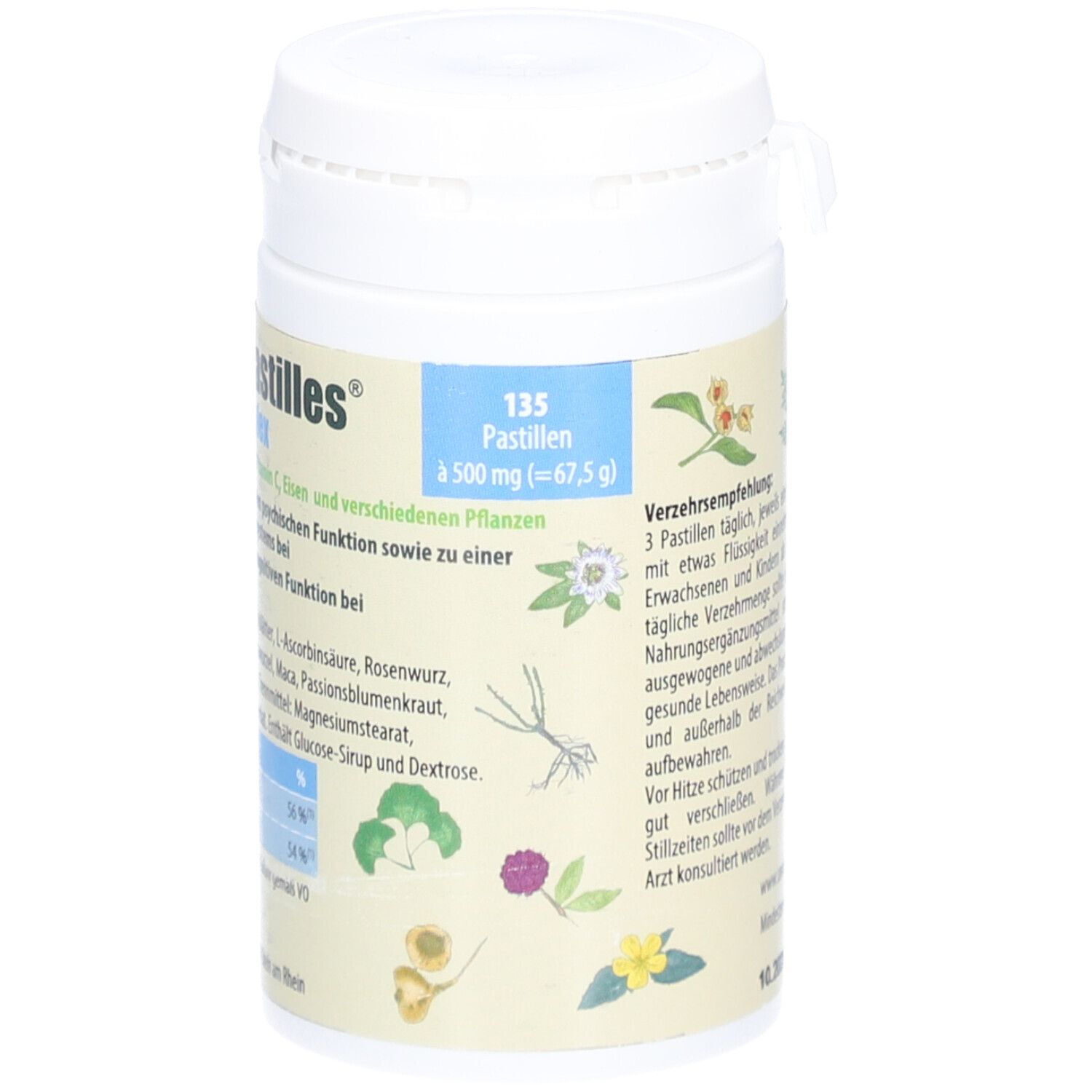 Weiße Dose mit Produktinformationen. Aufschrift: UWEMBA-PASTILLES®. 135 Pastillen. Enthält Vitamin C und Eisen.
