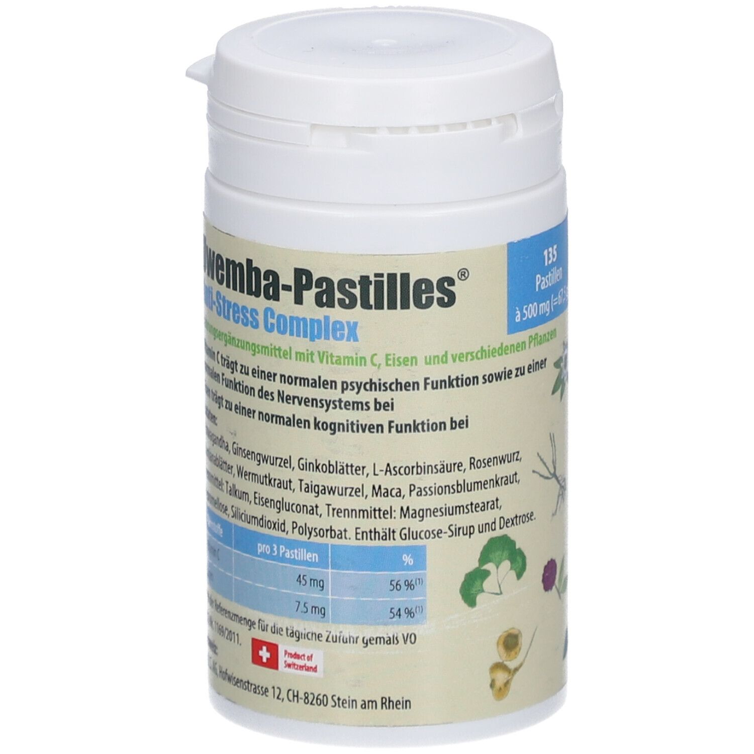 Weiße Dose mit Produktinformationen. Aufschrift: UWEMBA-PASTILLES® Anti-Stress Complex. Enthält Vitamin C und Eisen.