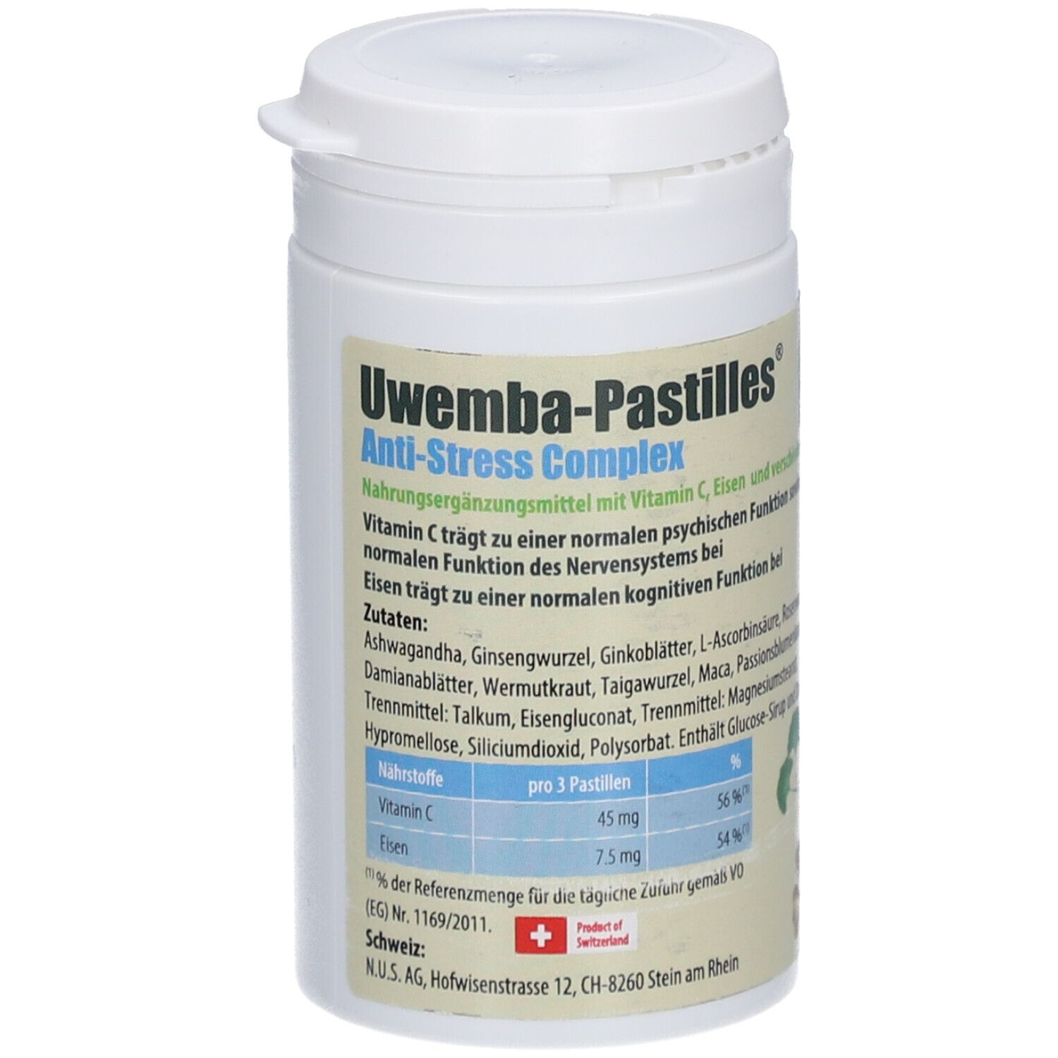 Weiße Dose mit Produktinformationen. Aufschrift: UWEMBA-PASTILLES® Anti-Stress Complex. Enthält Vitamin C und Eisen.