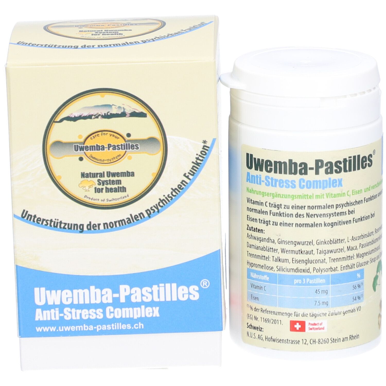 Produktverpackung und Dose. Aufschrift: UWEMBA-PASTILLES® Anti-Stress Complex. Enthält Vitamin C und Eisen.