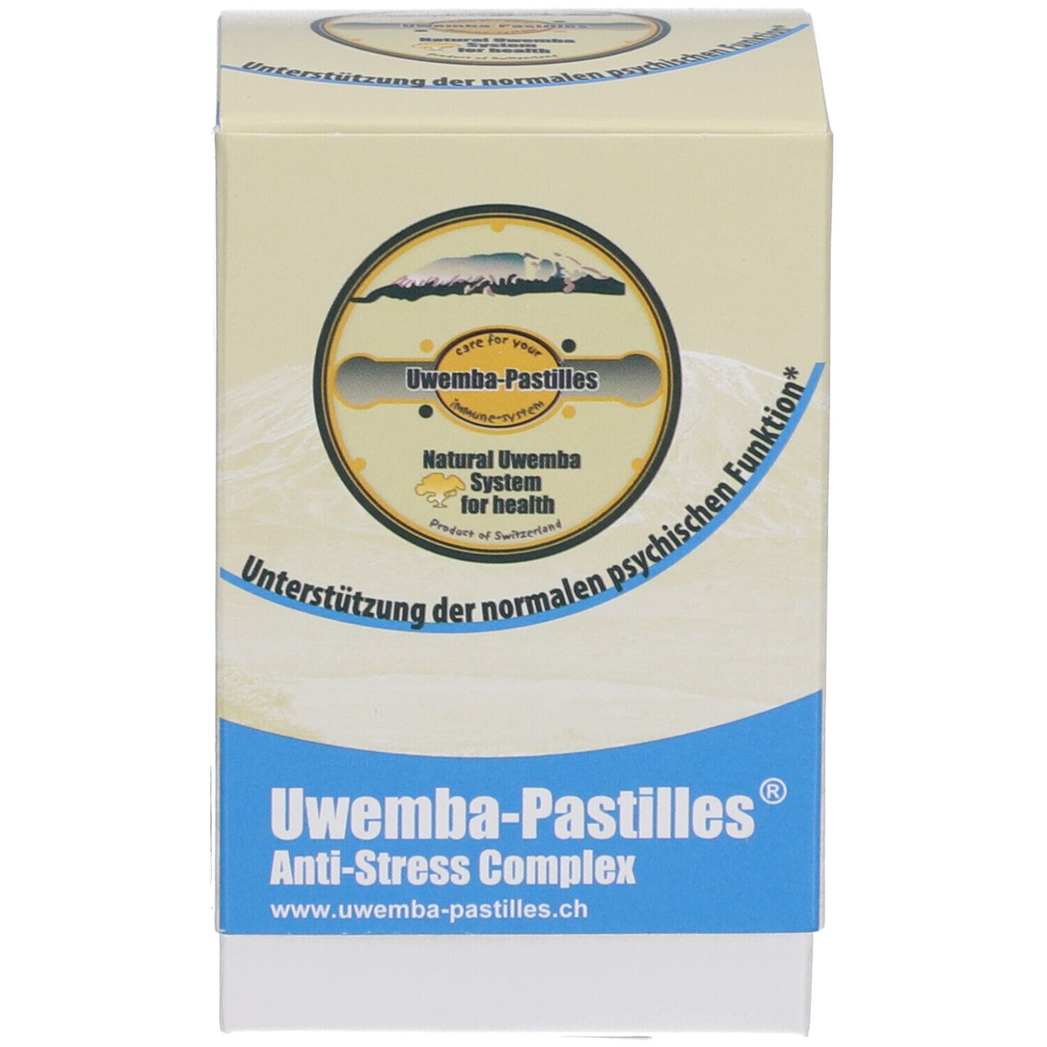 Produktverpackung. Aufschrift: UWEMBA-PASTILLES® Anti-Stress Complex. Unterstützt die psychische Funktion.