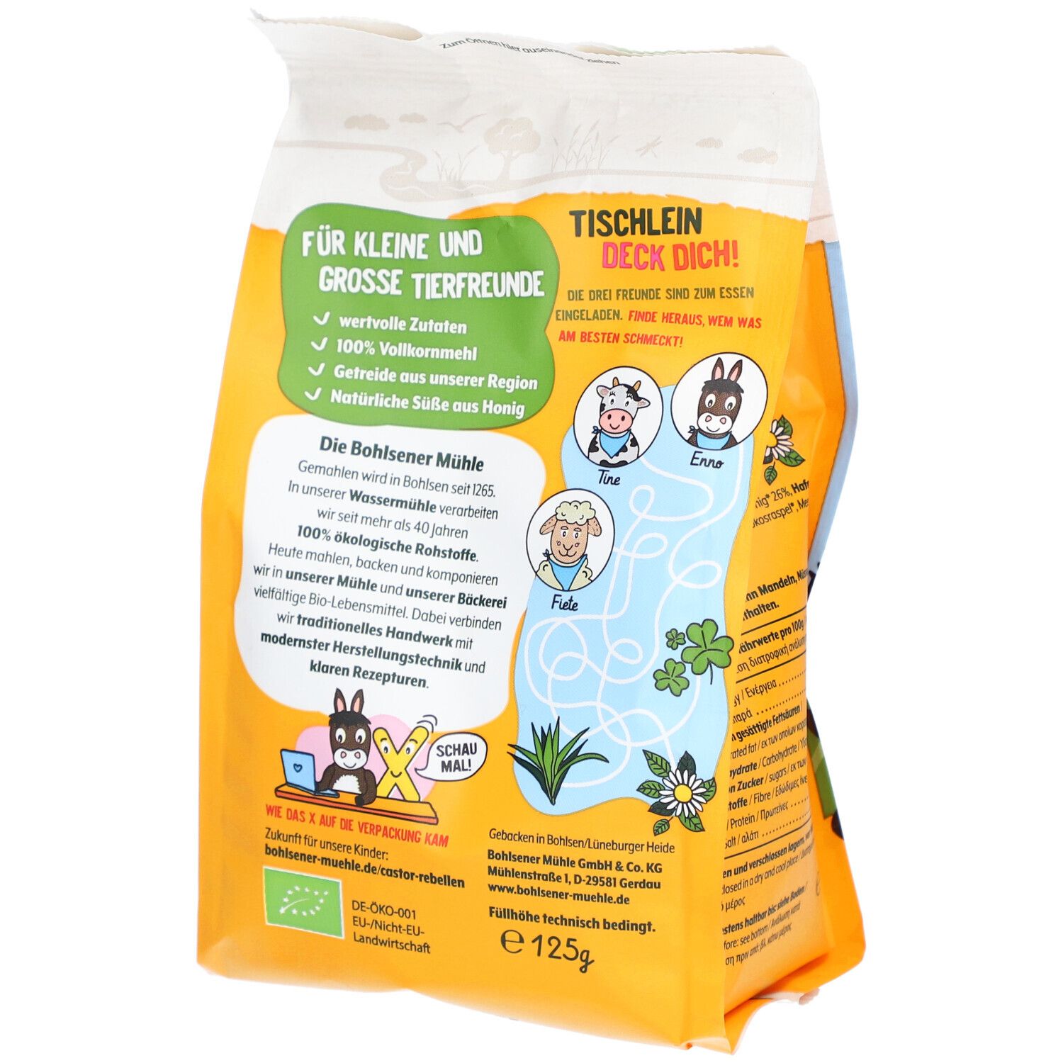 Rückseite der Kekspackung. Text über Zutaten, Bio-Qualität und Hersteller. 125g.