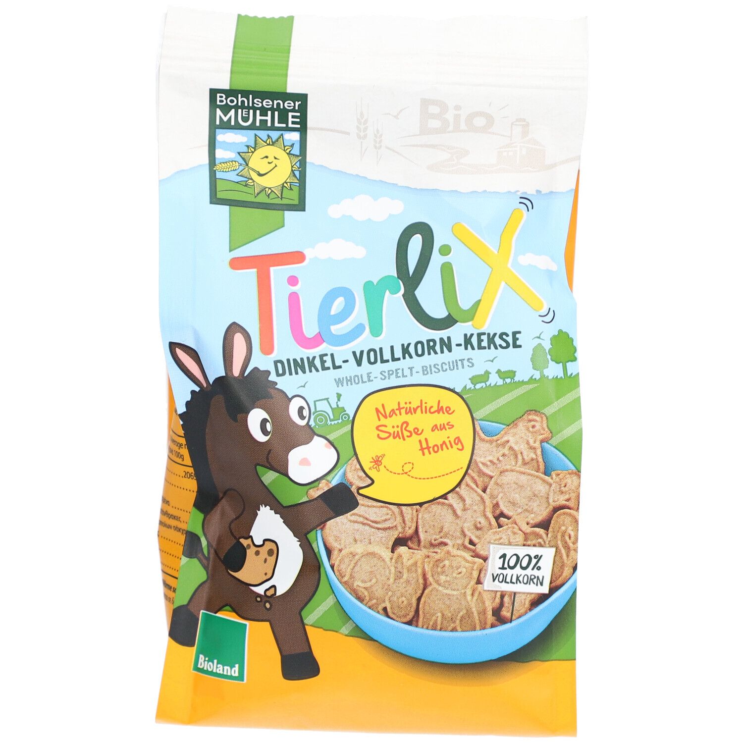 Vorderseite der Kekspackung. Zeigt Kekse in Tierformen. Bio-Siegel und 100% Vollkorn.
