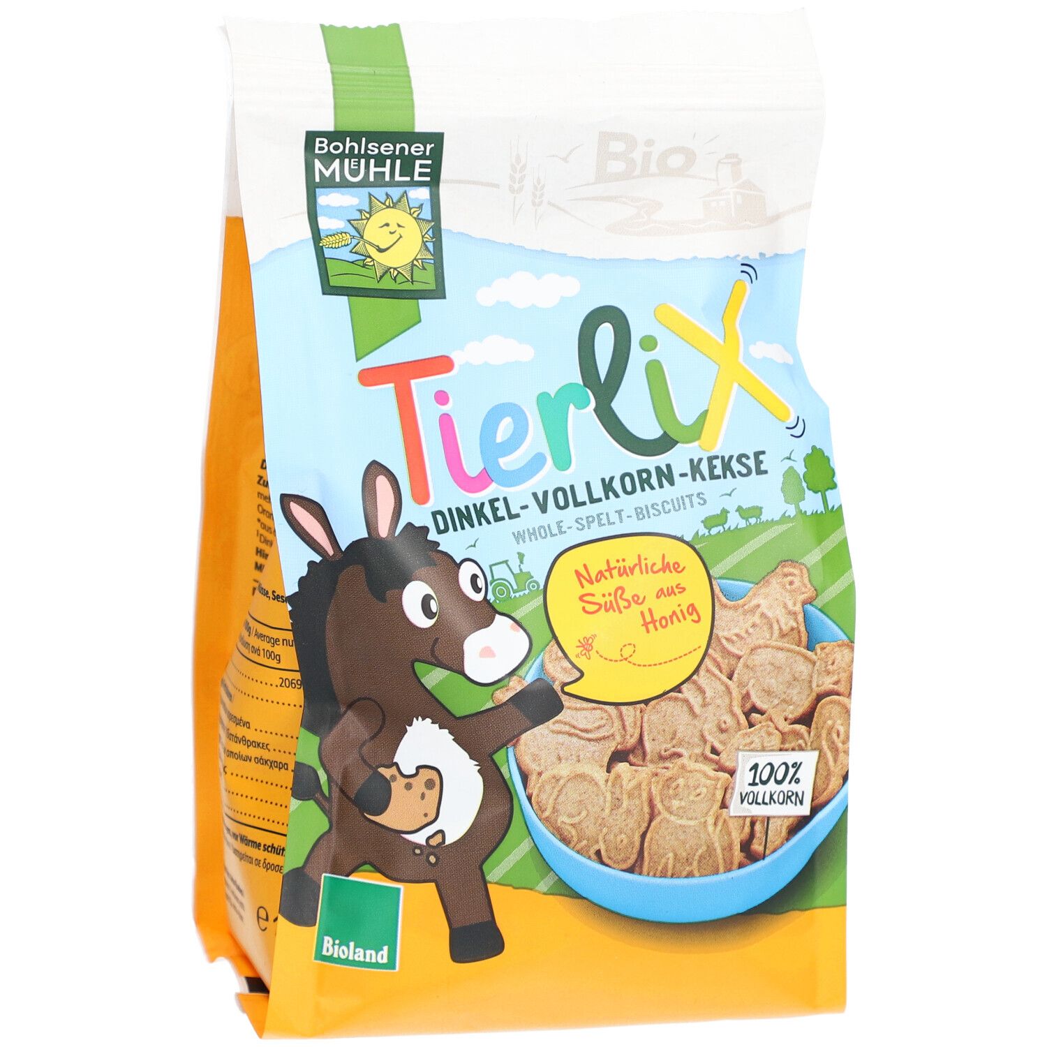 Vorderseite der Kekspackung. Zeigt Kekse in Tierformen. Bio-Siegel und 100% Vollkorn.