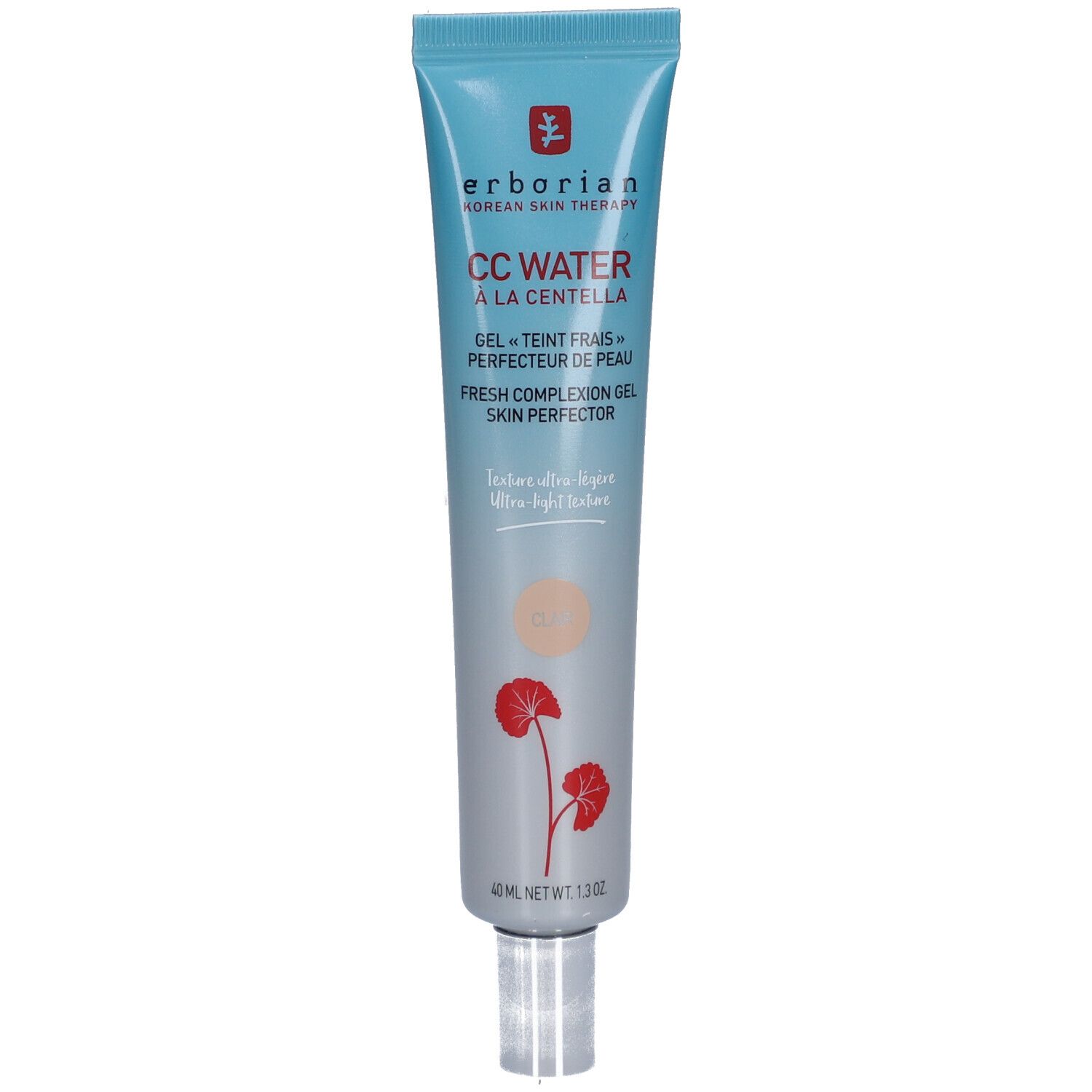 Blau-weiße Tube mit Produkttext. Erborian CC Water Gel. Rote Blüten-Illustration. 40 ml.