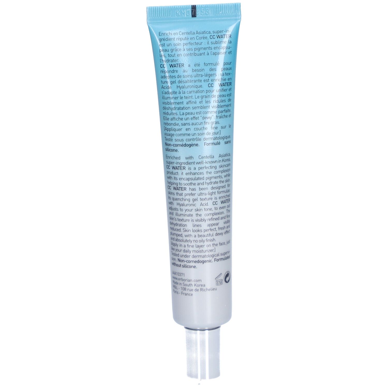 Rückseite einer blauen Tube. Produkttext und Inhaltsstoffe. Weißer Schraubverschluss.
