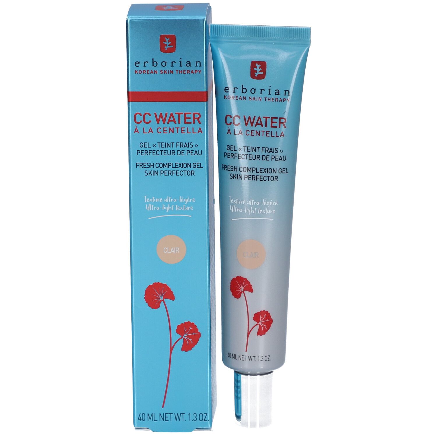 Produktverpackung mit Tube und Schachtel. Erborian CC Water Gel. Rote Blüten. 40 ml.