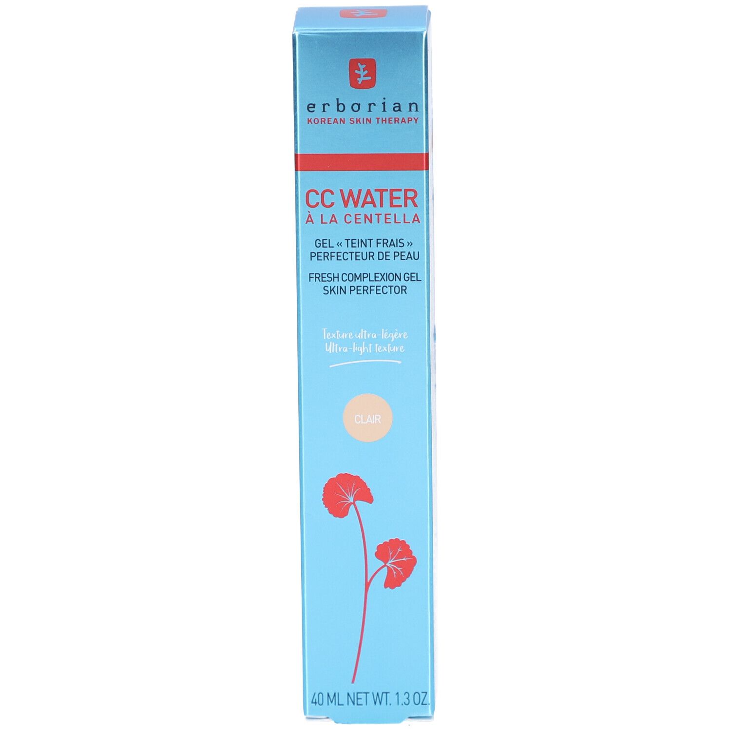 Blaue Schachtel mit Produkttext. Erborian CC Water Gel. Rote Blüten. 40 ml.
