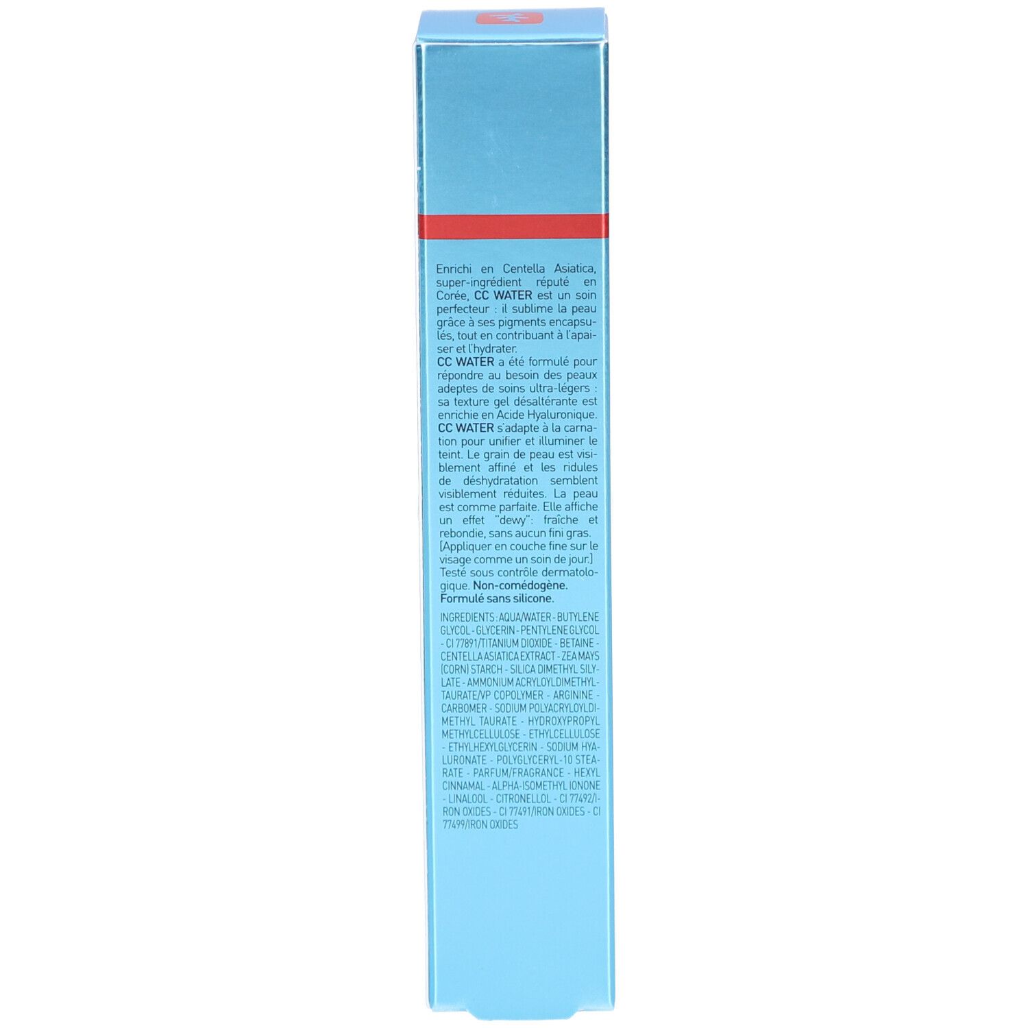 Blaue Schachtel, Text und Inhaltsstoffe. Text in Französisch. Produktbeschreibung.