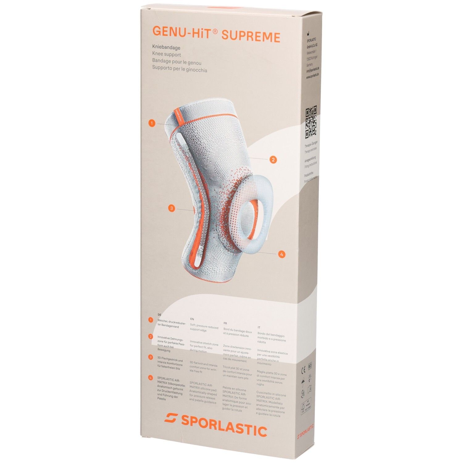 Sporlastic Genu-Hit Supreme Kniebandage Verpackung mit Abbildung und Hinweisen zur Bandage.