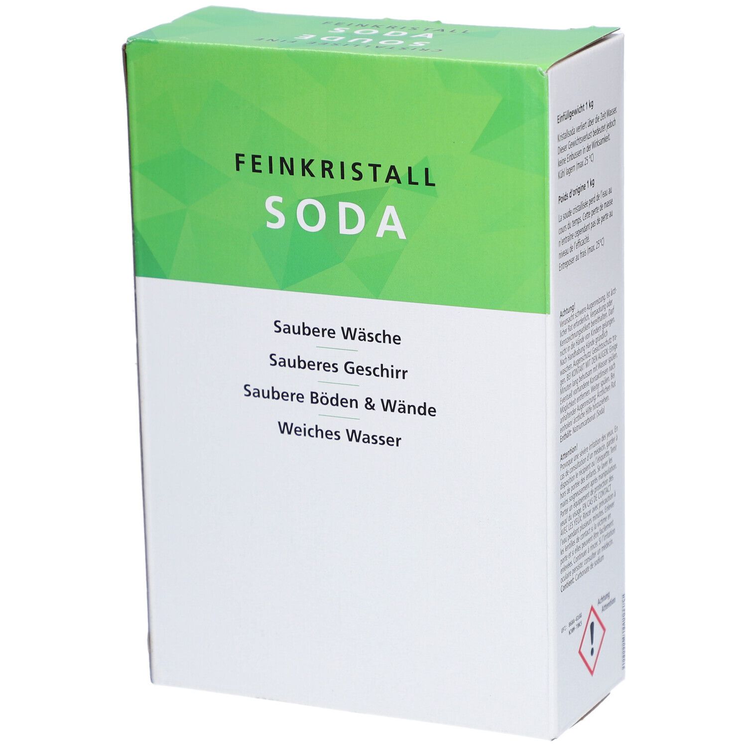 Karton mit "Feinkristall Soda". Grün-weiße Verpackung. Text: Saubere Wäsche, sauberes Geschirr, saubere Böden & Wände, weiches Wasser.