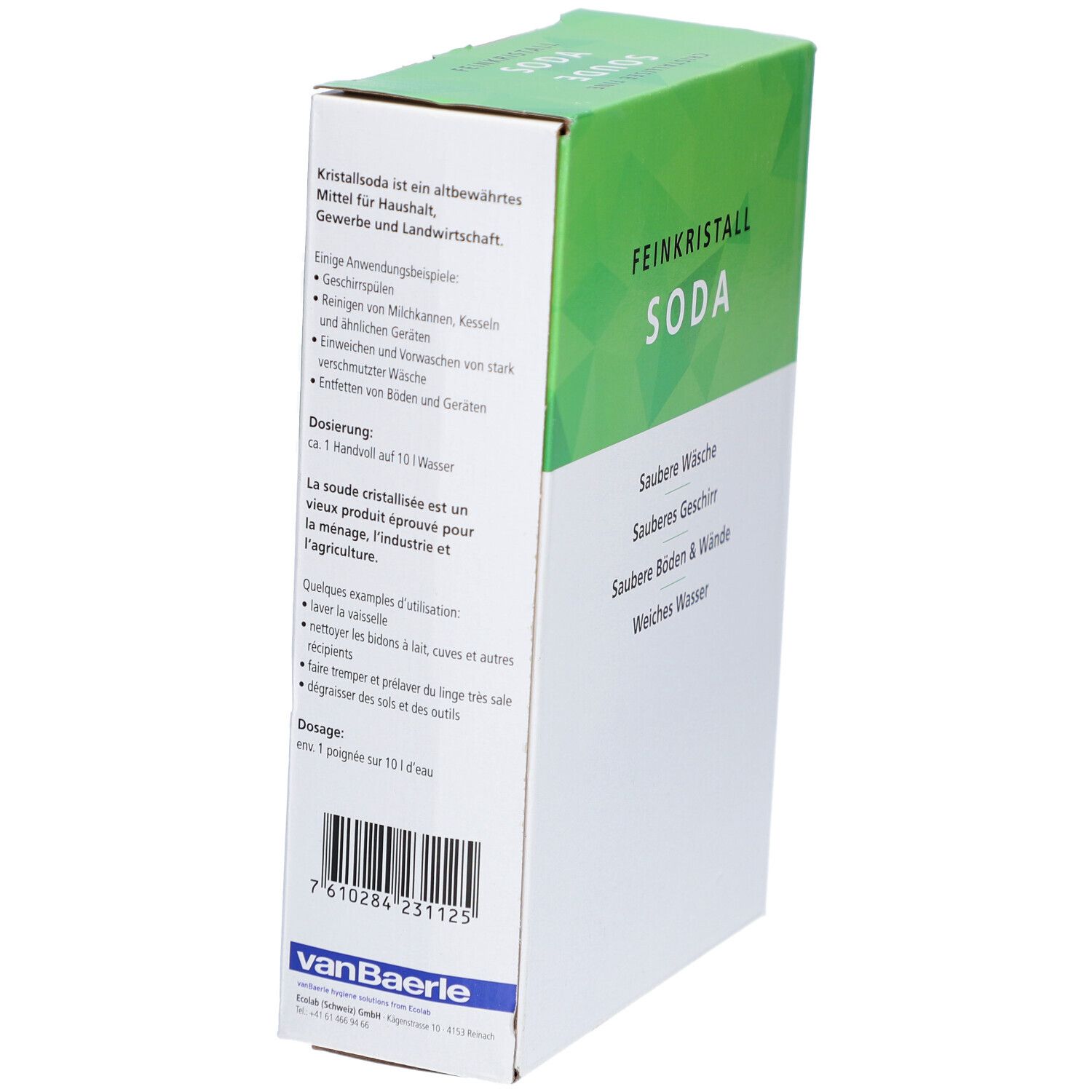 Karton "Feinkristall Soda" von VanBaerle. Rückseite mit Text und Barcode. Grün-weiße Verpackung. Text in Deutsch und Französisch.