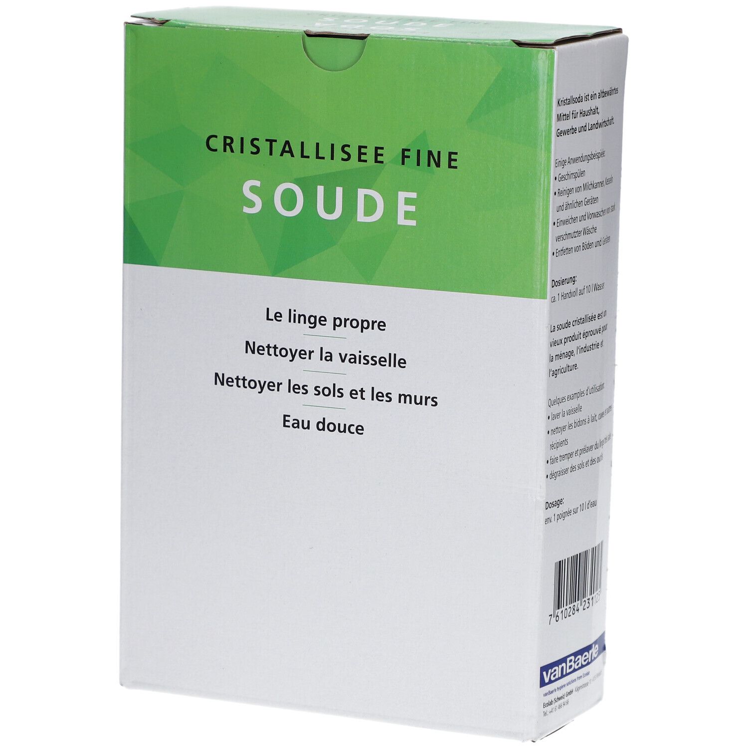 Karton "Cristallisee Fine Soude". Grün-weiße Verpackung. Text: Le linge propre, nettoyer la vaisselle, nettoyer les sols et les murs, eau douce.