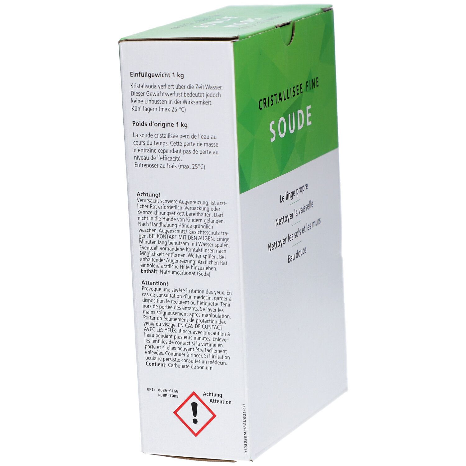 Karton "Cristallisee Fine Soude". Rückseite mit Text und Warnhinweis. Grün-weiße Verpackung. Text in Deutsch und Französisch.