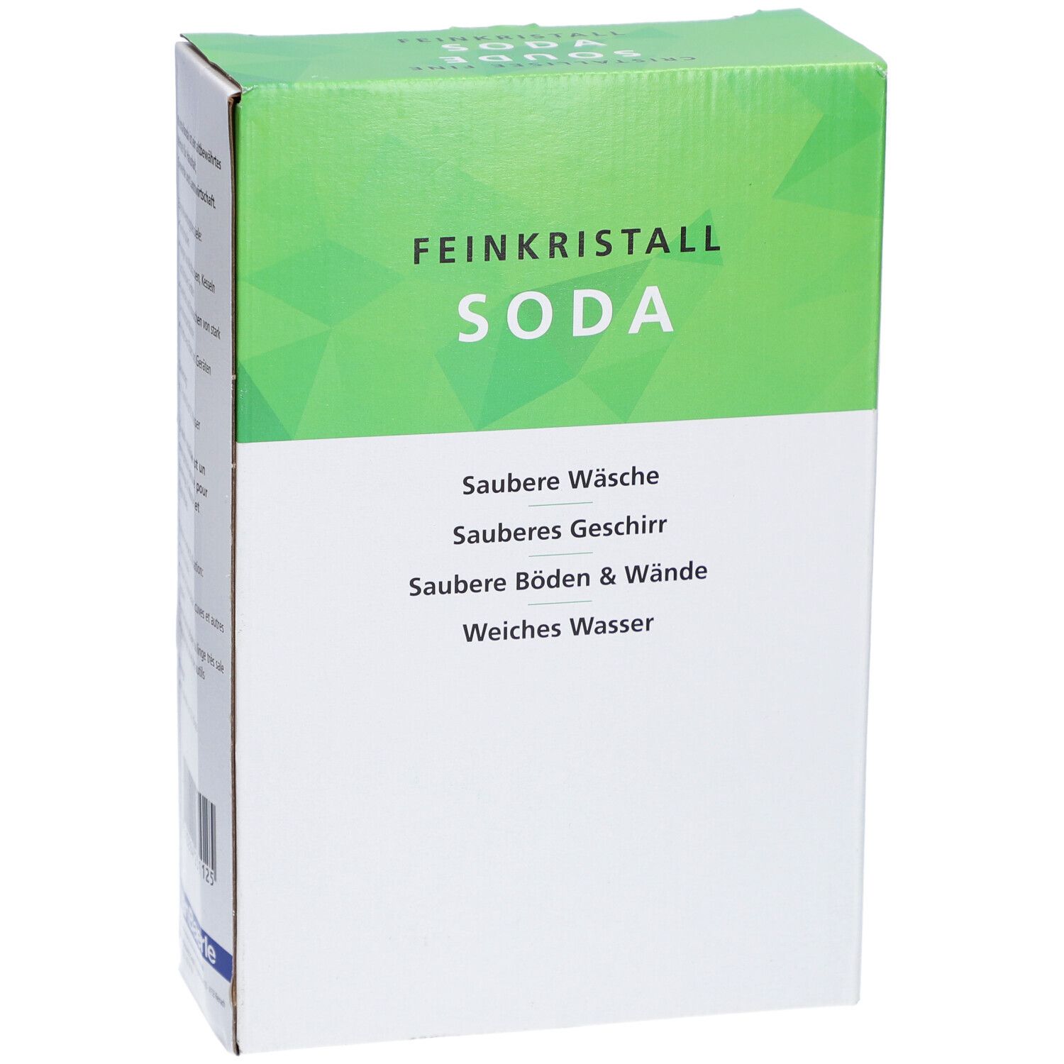 Karton "Feinkristall Soda". Grün-weiße Verpackung. Text: Saubere Wäsche, sauberes Geschirr, saubere Böden & Wände, weiches Wasser.