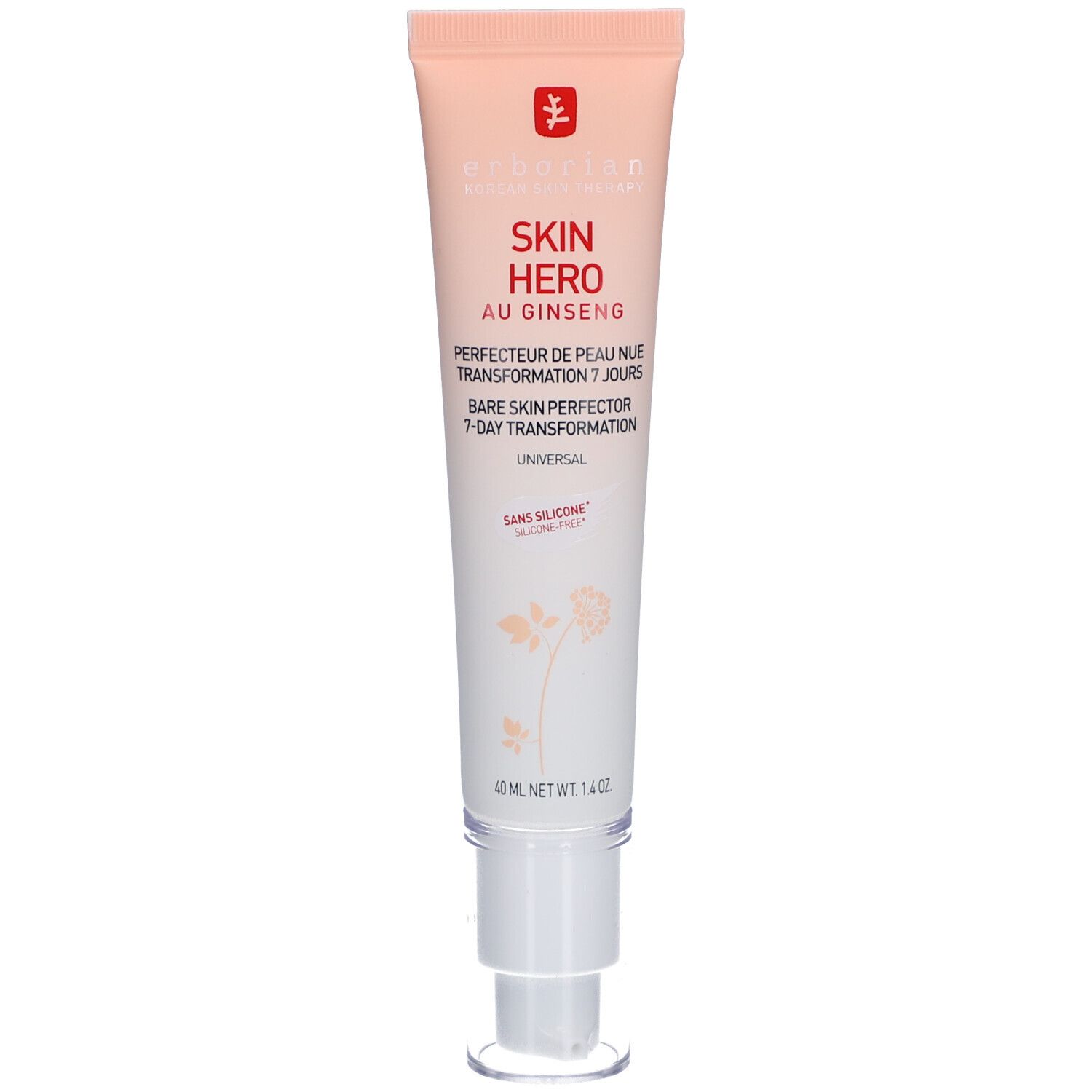 Creme-Tube mit Aufschrift Skin Hero Au Ginseng. 40 ml, weißer Spender. Rosa-weißes Design.