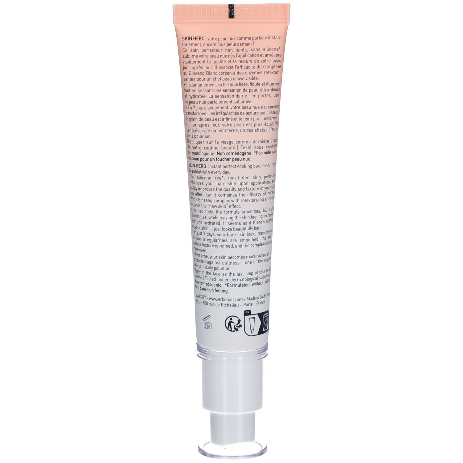 Rückseite der Creme-Tube. Text in mehreren Sprachen. Weißer Spender.