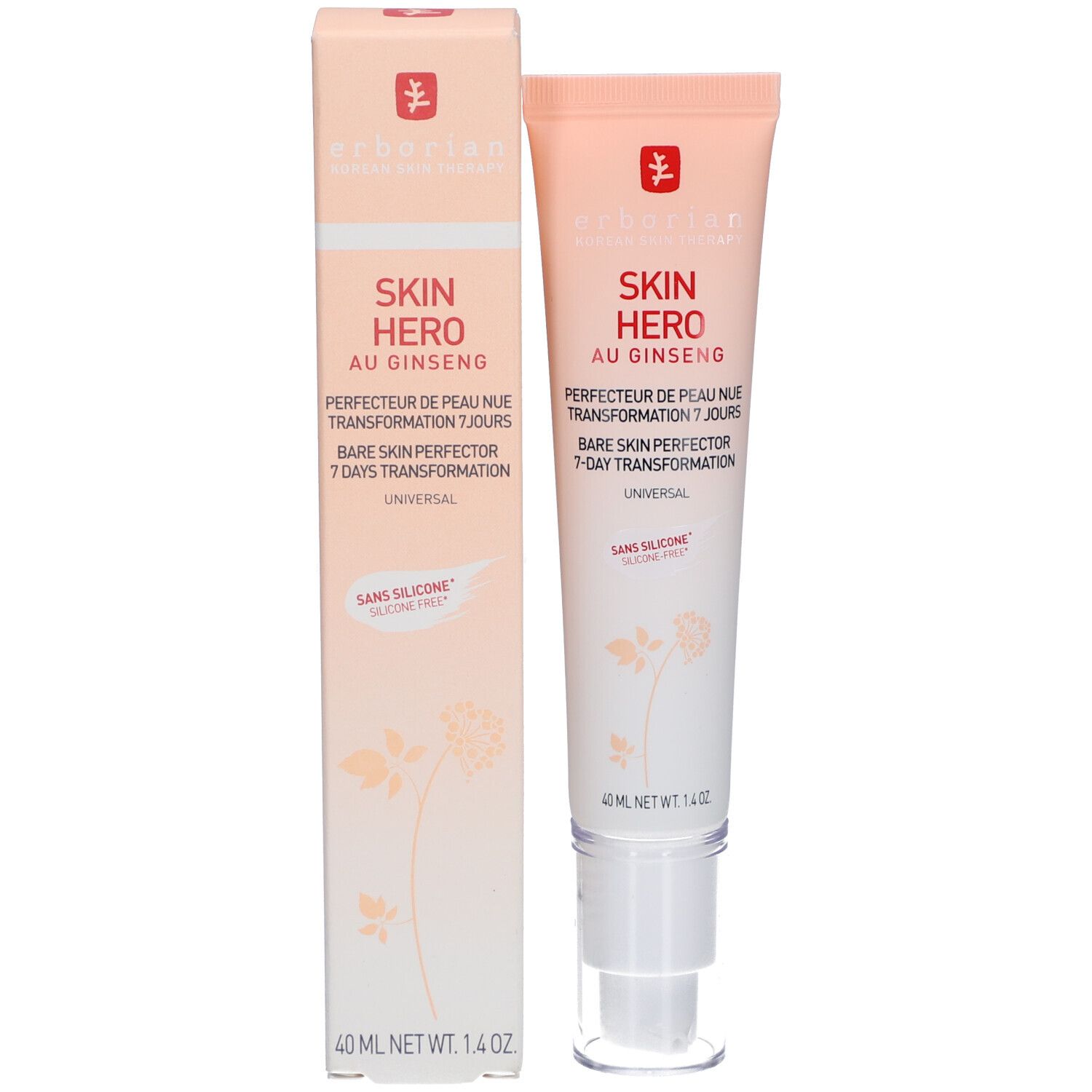 Produktverpackung mit Tube. Skin Hero Au Ginseng, 40 ml. Rosa-weißes Design.