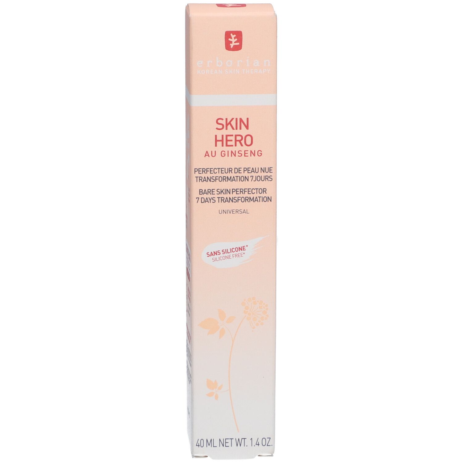 Produktverpackung. Skin Hero Au Ginseng, 40 ml. Rosa-weißes Design.
