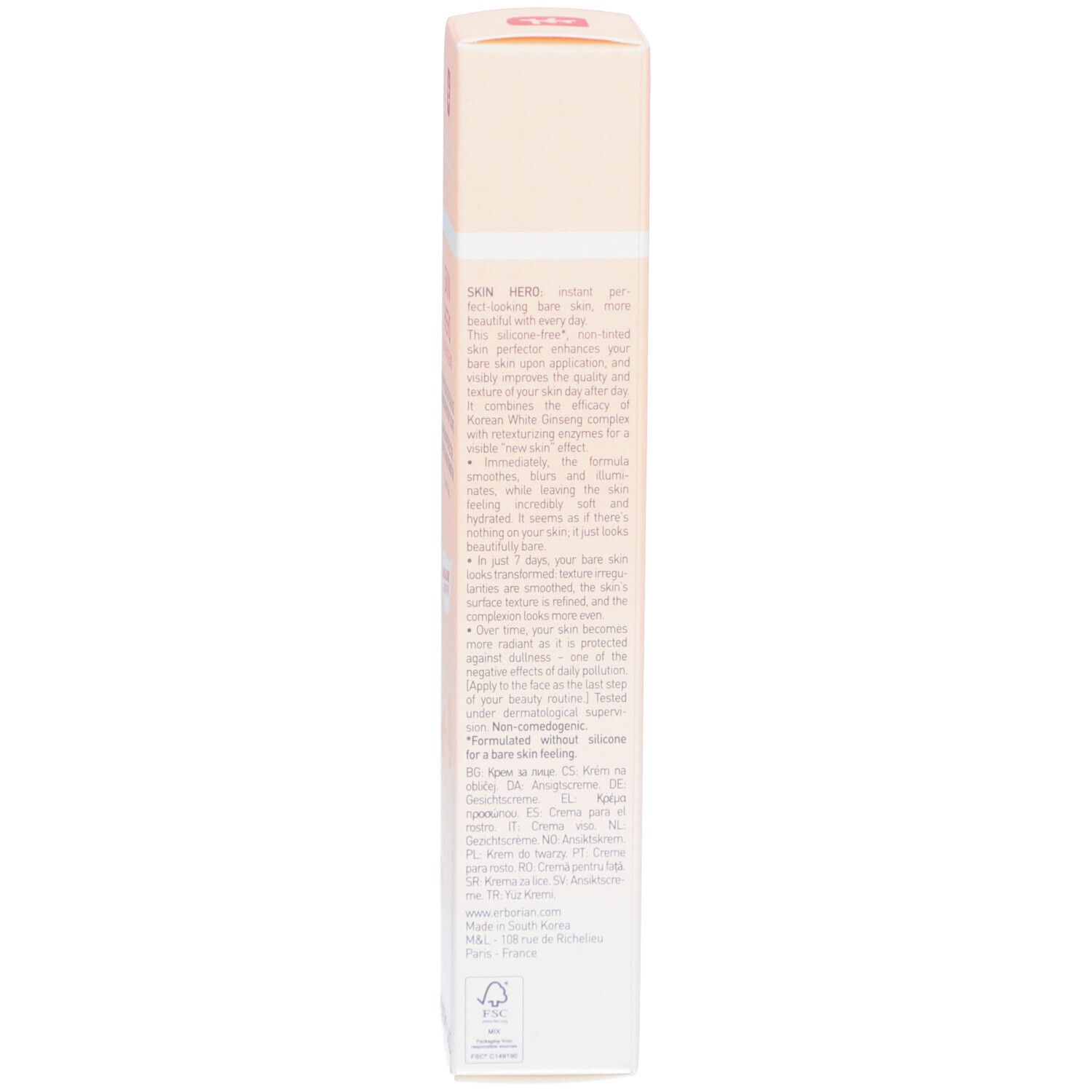Produktverpackung, Seite. Text in mehreren Sprachen, Produktbeschreibung.