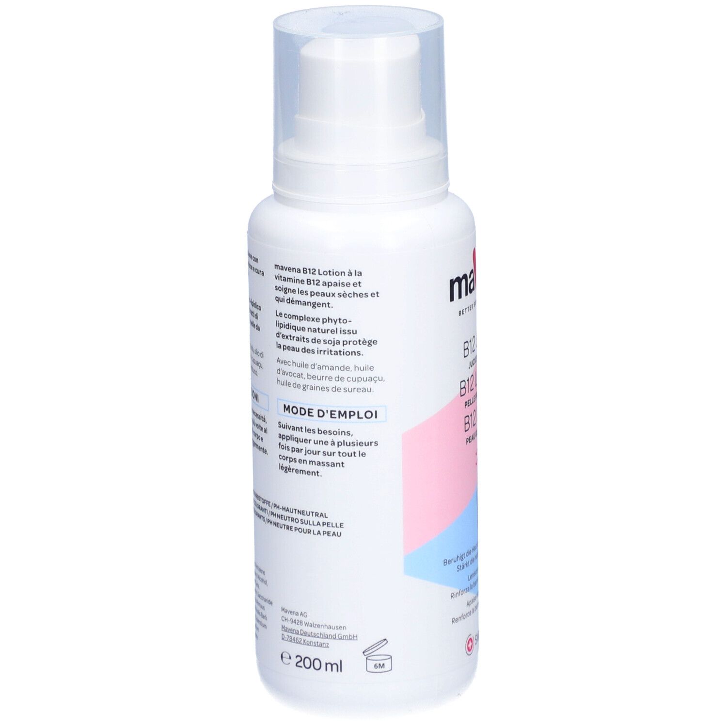 Weiße Flasche mit Pumpe. Rückseite mit Text. Rosa und blaue Akzente. 200 ml.