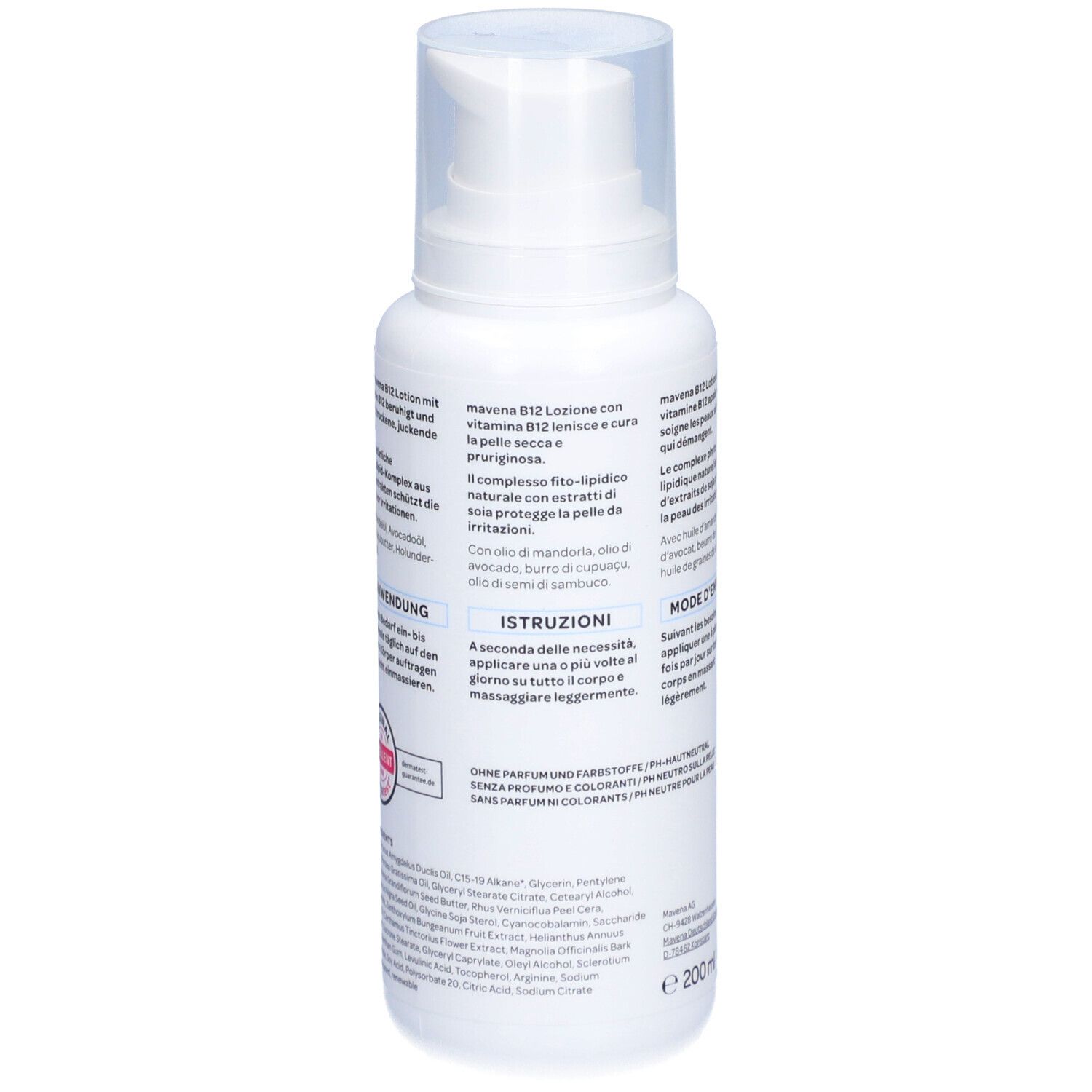 Weiße Flasche mit Pumpe. Rückseite mit Text. Rosa und blaue Akzente. 200 ml.