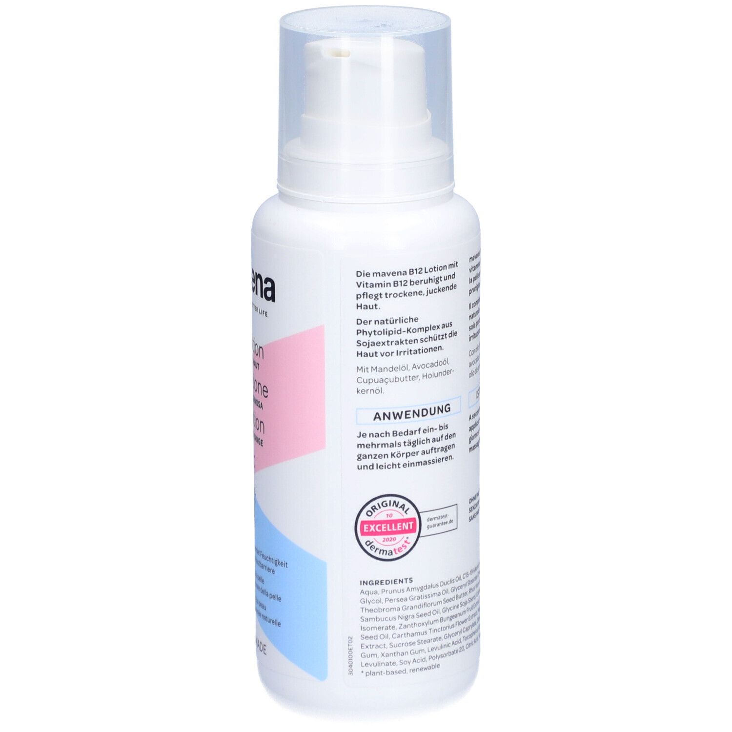 Weiße Flasche mit Pumpe. Rückseite mit Text. Rosa und blaue Akzente. 200 ml. Dermalife Siegel.