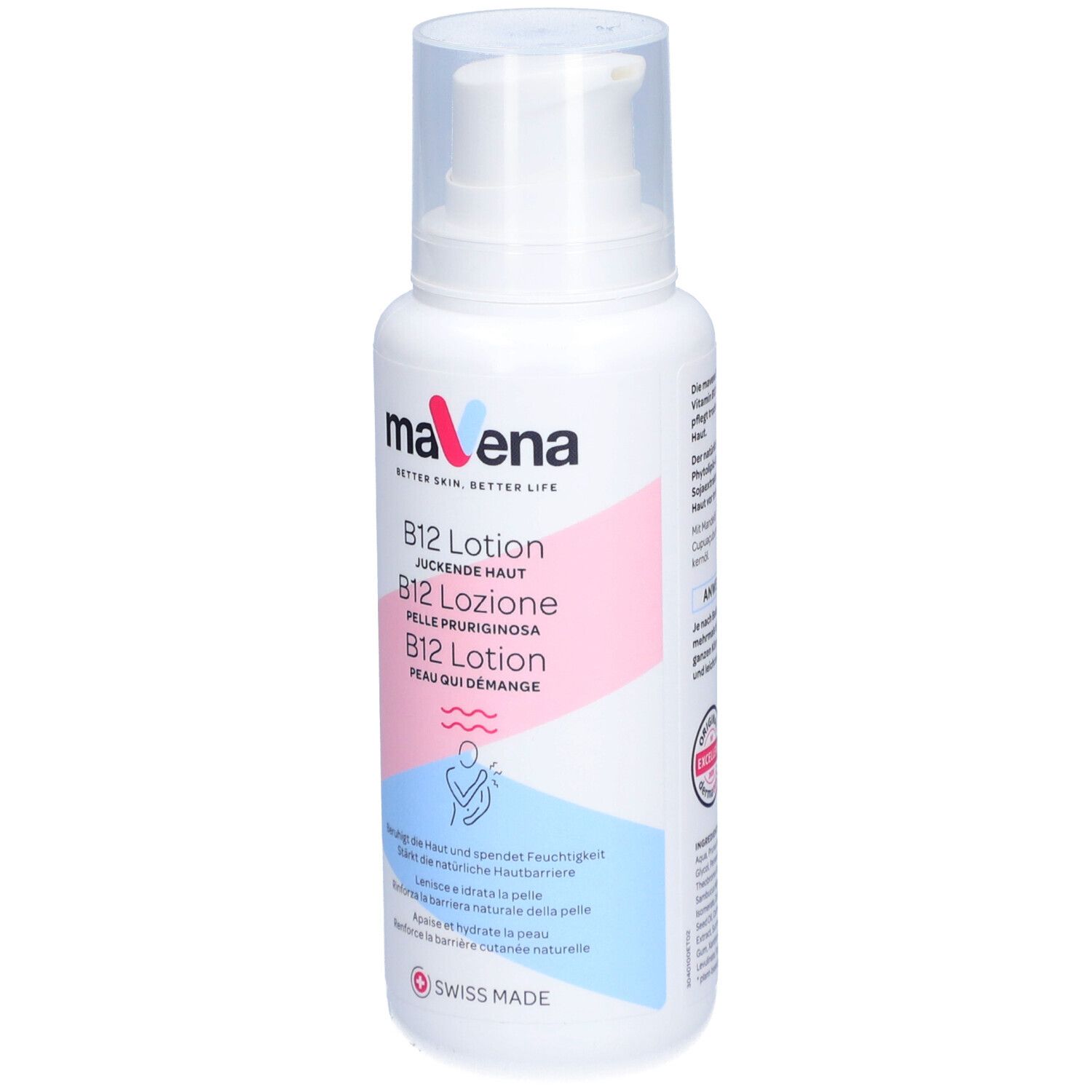 Weiße Flasche mit Pumpe. Aufschrift: MAVENA B12 Lotion. Rosa und blaue Akzente. Swiss Made.