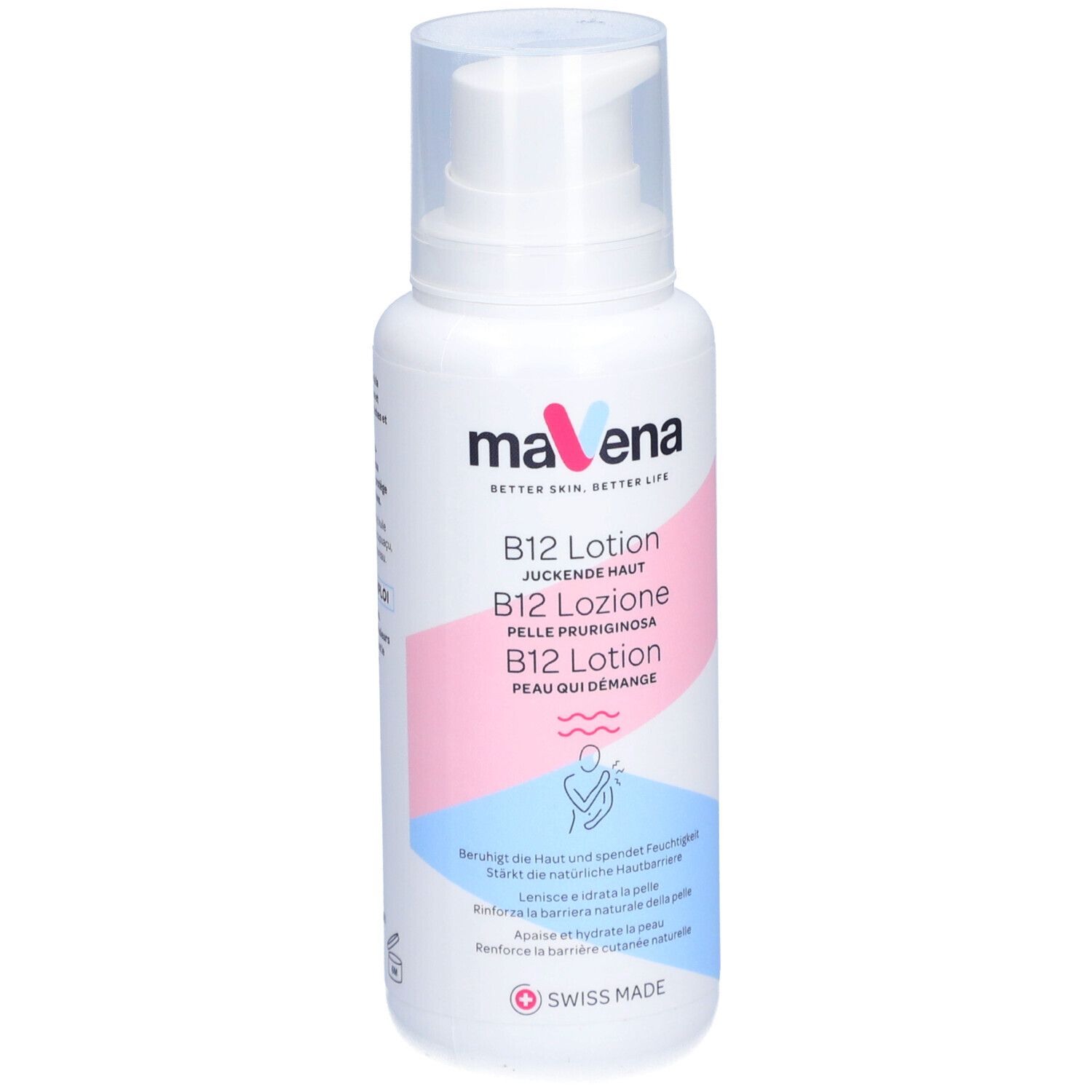 Weiße Flasche mit Pumpe. Aufschrift: MAVENA B12 Lotion. Rosa und blaue Akzente. Swiss Made.
